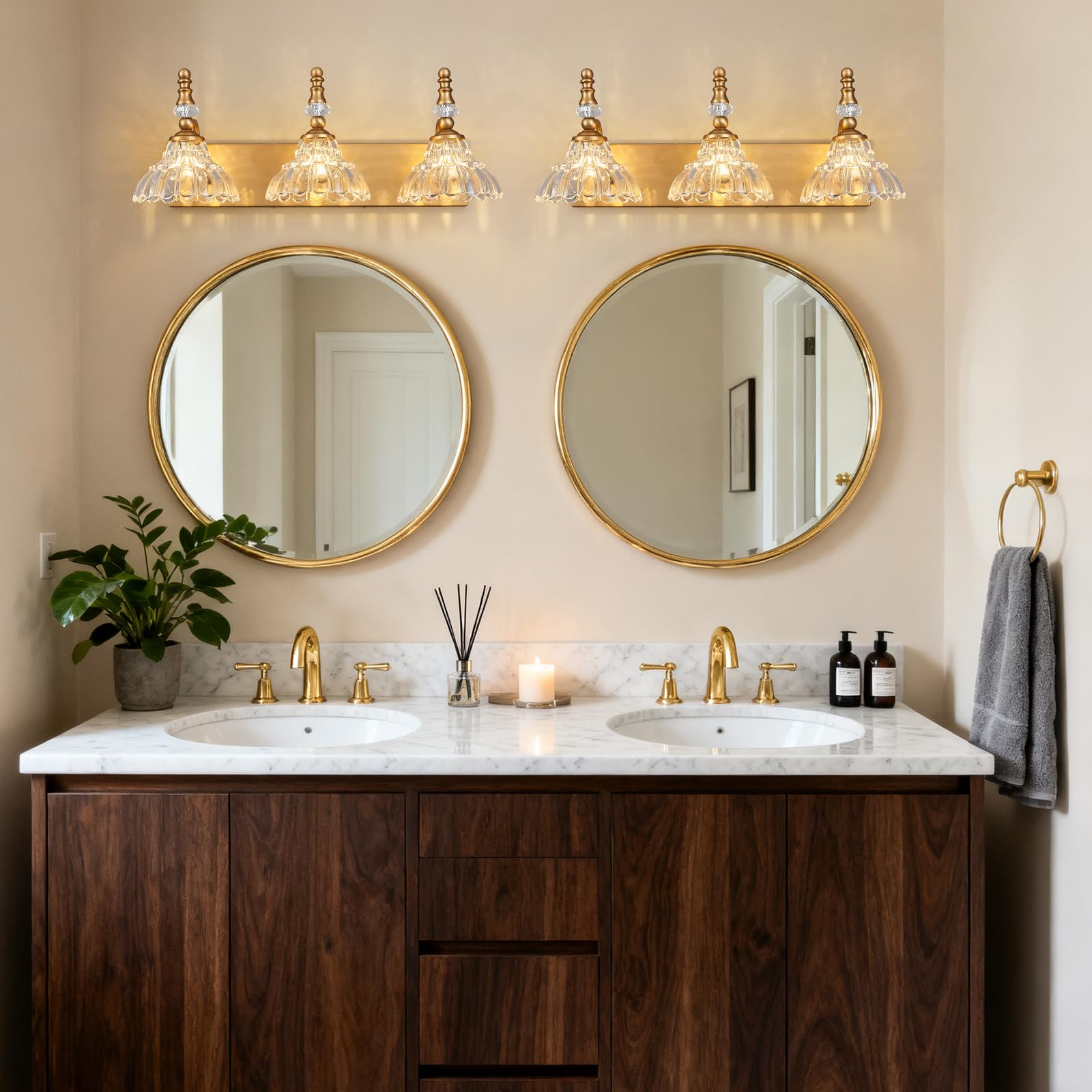 LBSQJ Vintage Bathroom Vanity Light, 3-Light Brass Fixture with Flower Glass Shade, Model 4150