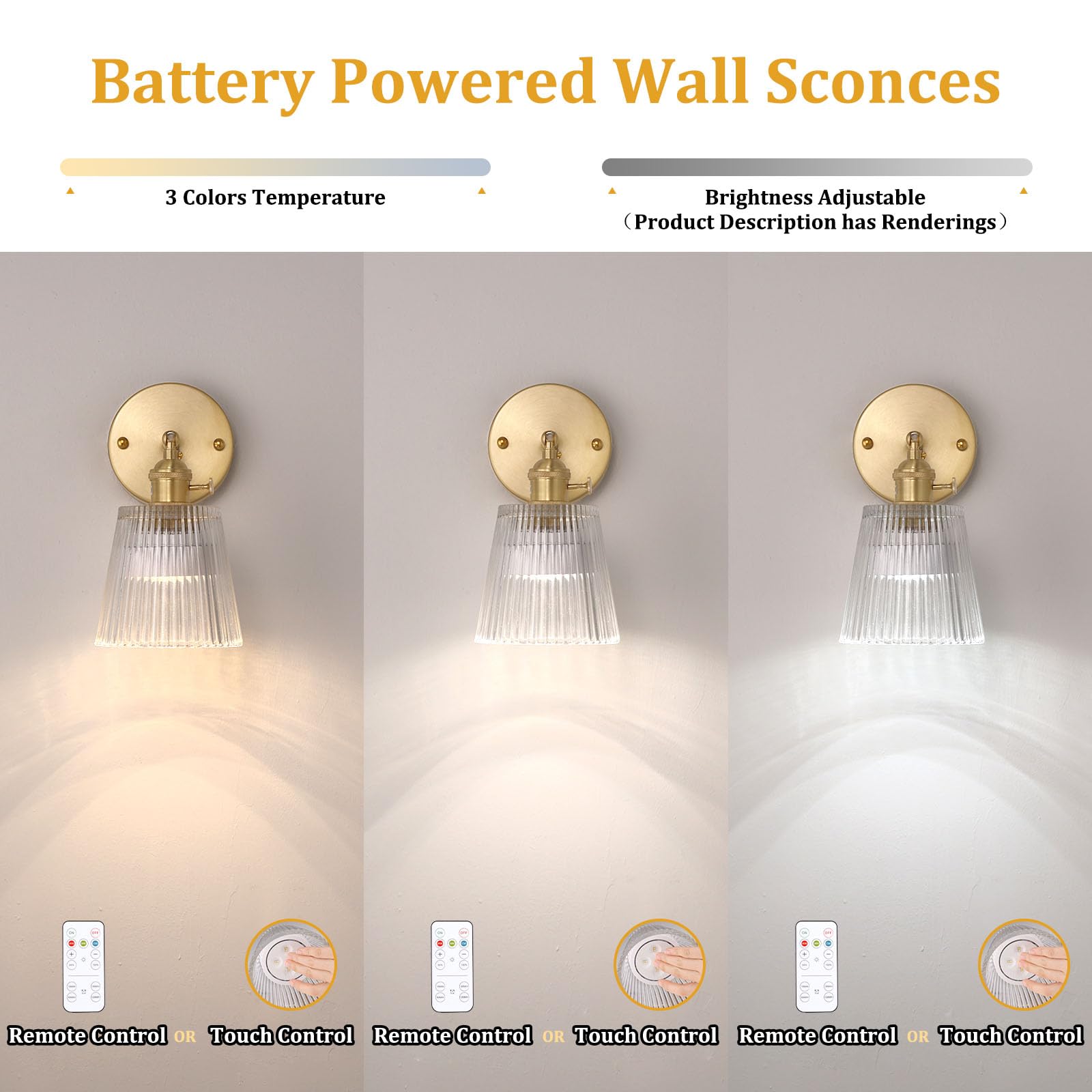 Shenmoyl Vintage Wall Sconce - Battery Operated, Remote Control, Glass Lampshade, Set of 2, Stripe Clear, Model 1-9330