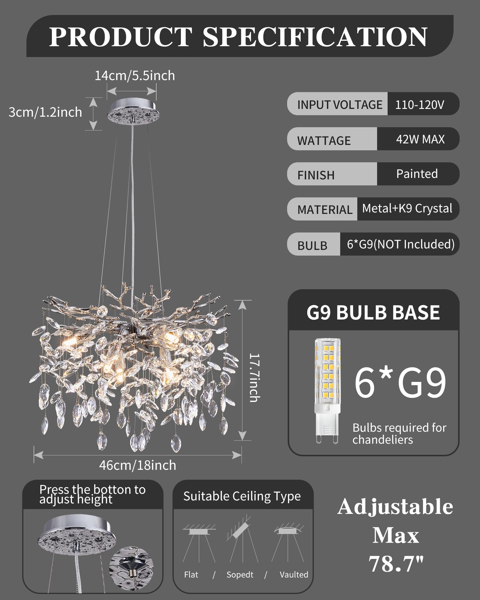 Modern Tree Branch Crystal Chandelier Luxury Silver Crystal Pendant Lighting 18'' Contemporary 6-Light Chandeliers For Dining Ro