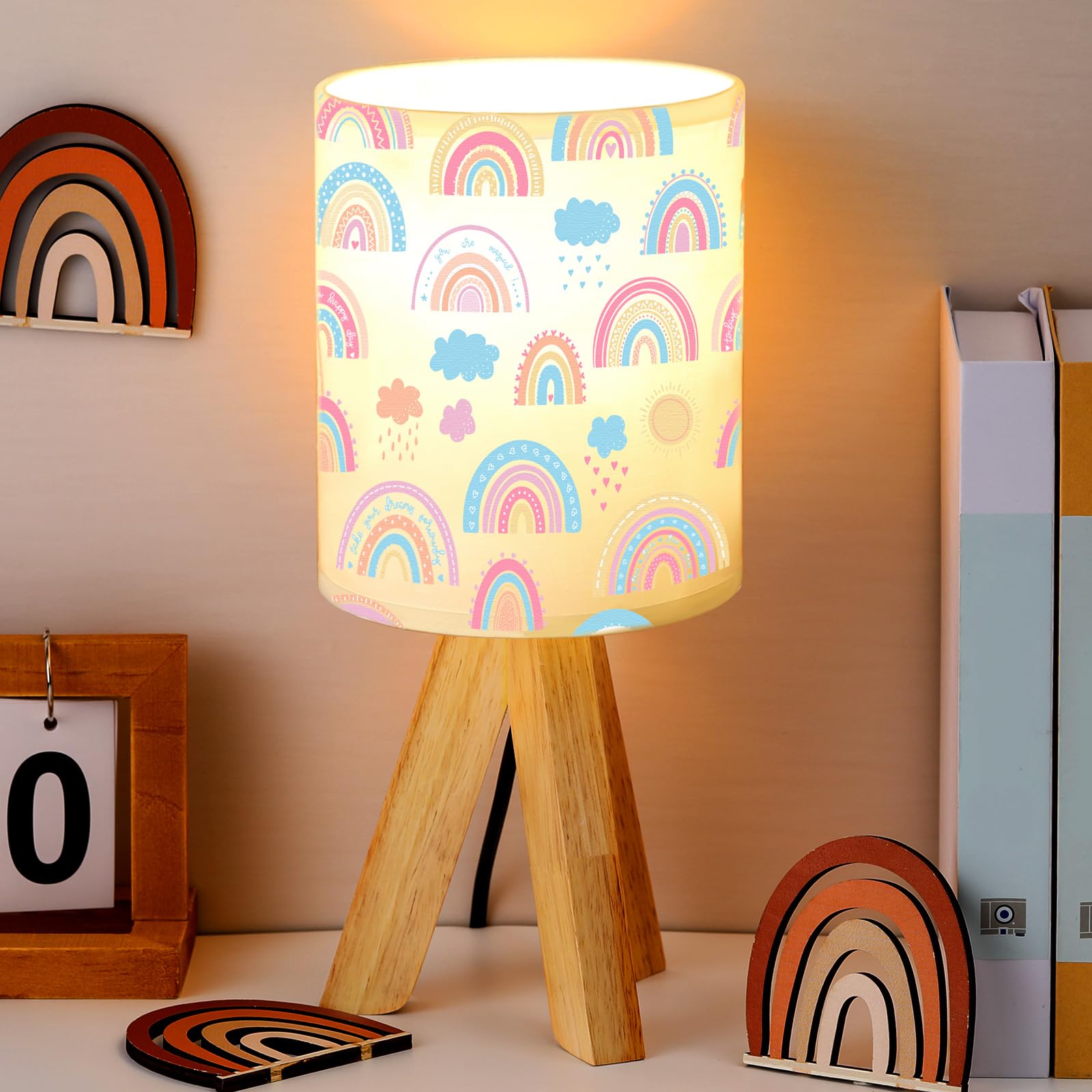 Vihose Rainbow Table Lamp For Bedroom Kids Rainbow Bedside Lamp With Linen Wooden Nightstand Cartoon Nursery Lampshade For Girls
