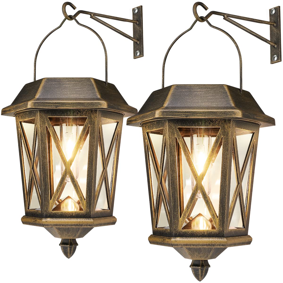 TEKLAPS Solar Lantern Outdoor Lights, Waterproof Metal, 10.8x6.2x6.2 in, Bronze, Model ZZ-24B, 2 Pack