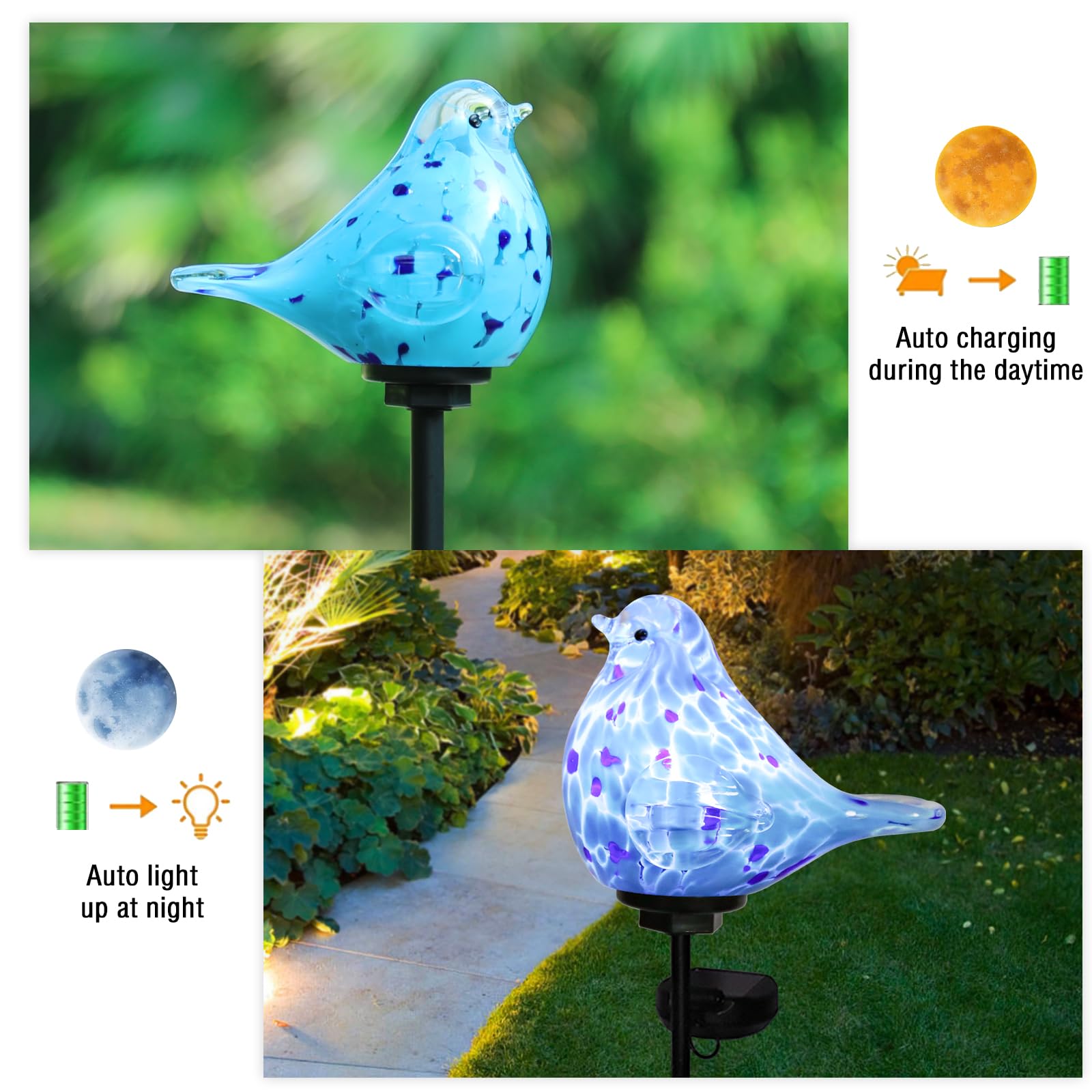 Bshine Solar Garden Bluebird Lights, Hand Blown Glass, Waterproof Stake Decor, Outdoor Decor for Paths, Lawns, Model 5003930