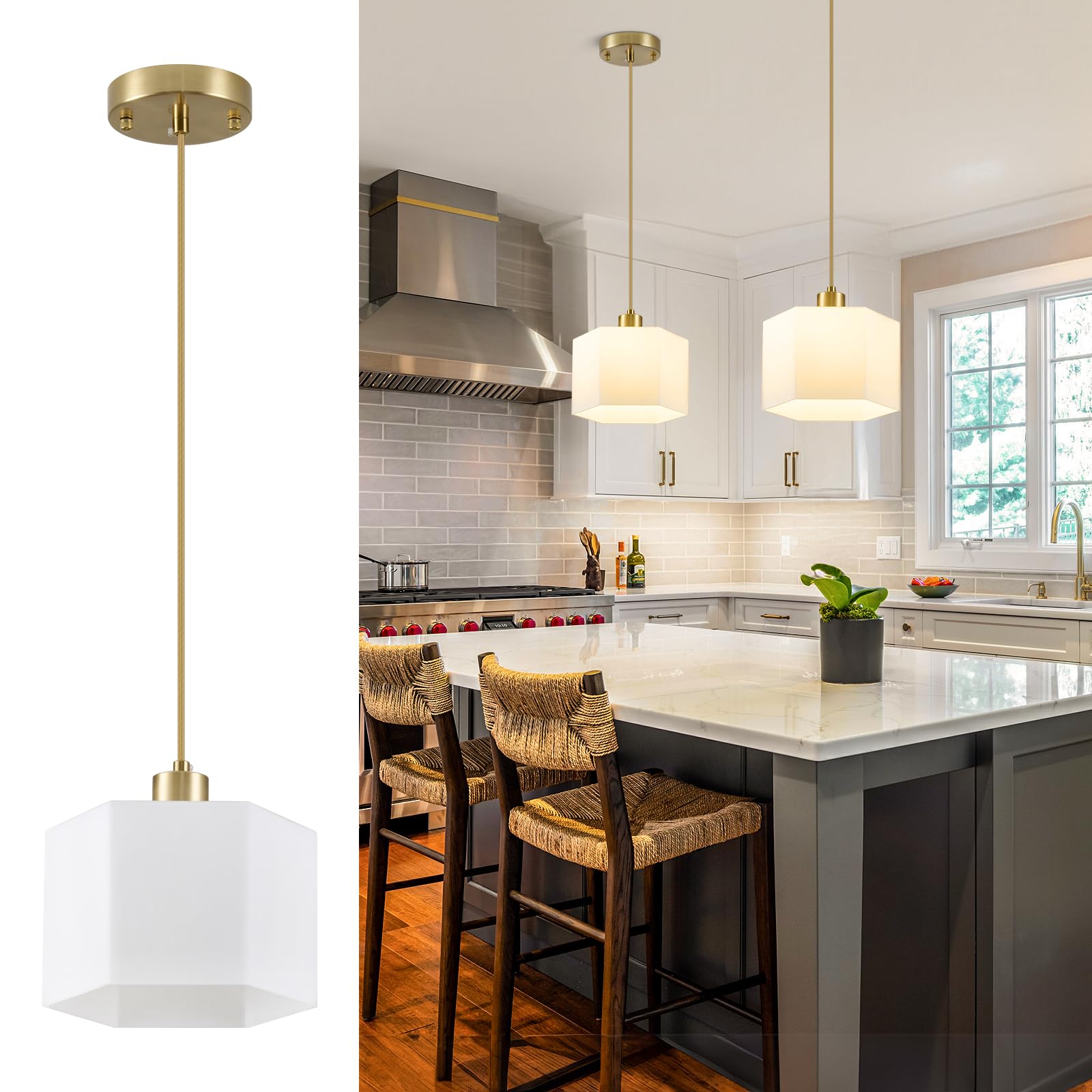 XSDeTu Milk Glass Pendant Lights Kitchen Island 2 Pack  Modern Gold Hanging Light Fixture  Mid-Century Hexagonal Ceiling Lamp  Mini Farmhouse Chandelier for Dining Room Sink Bathroom Bedroom Hallway