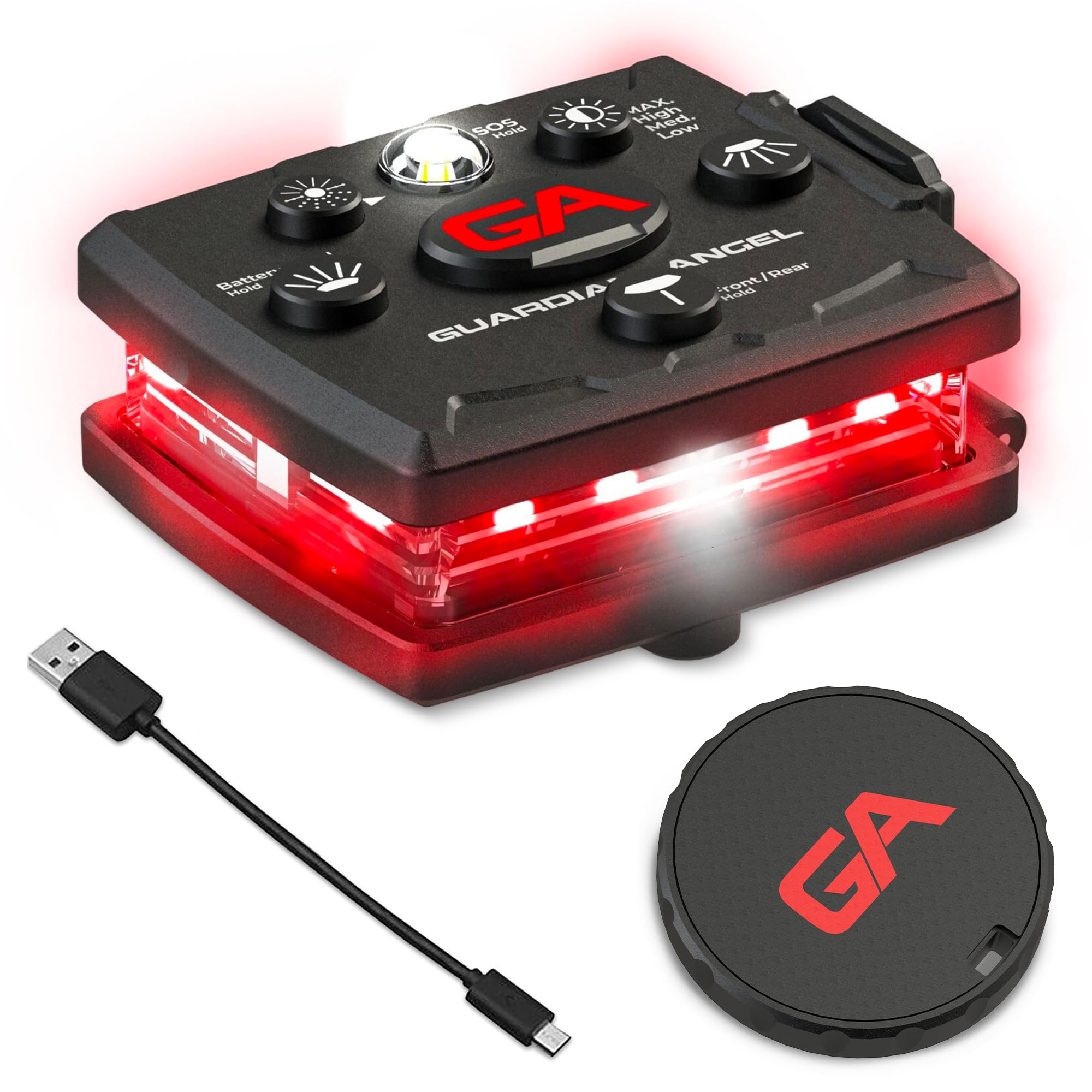 Guardian Angel Micro Series Safety Light, Beacon Device (Red Front & Red Rear) | Rechargeable, Magnetic & Hands-Free Wearable LE