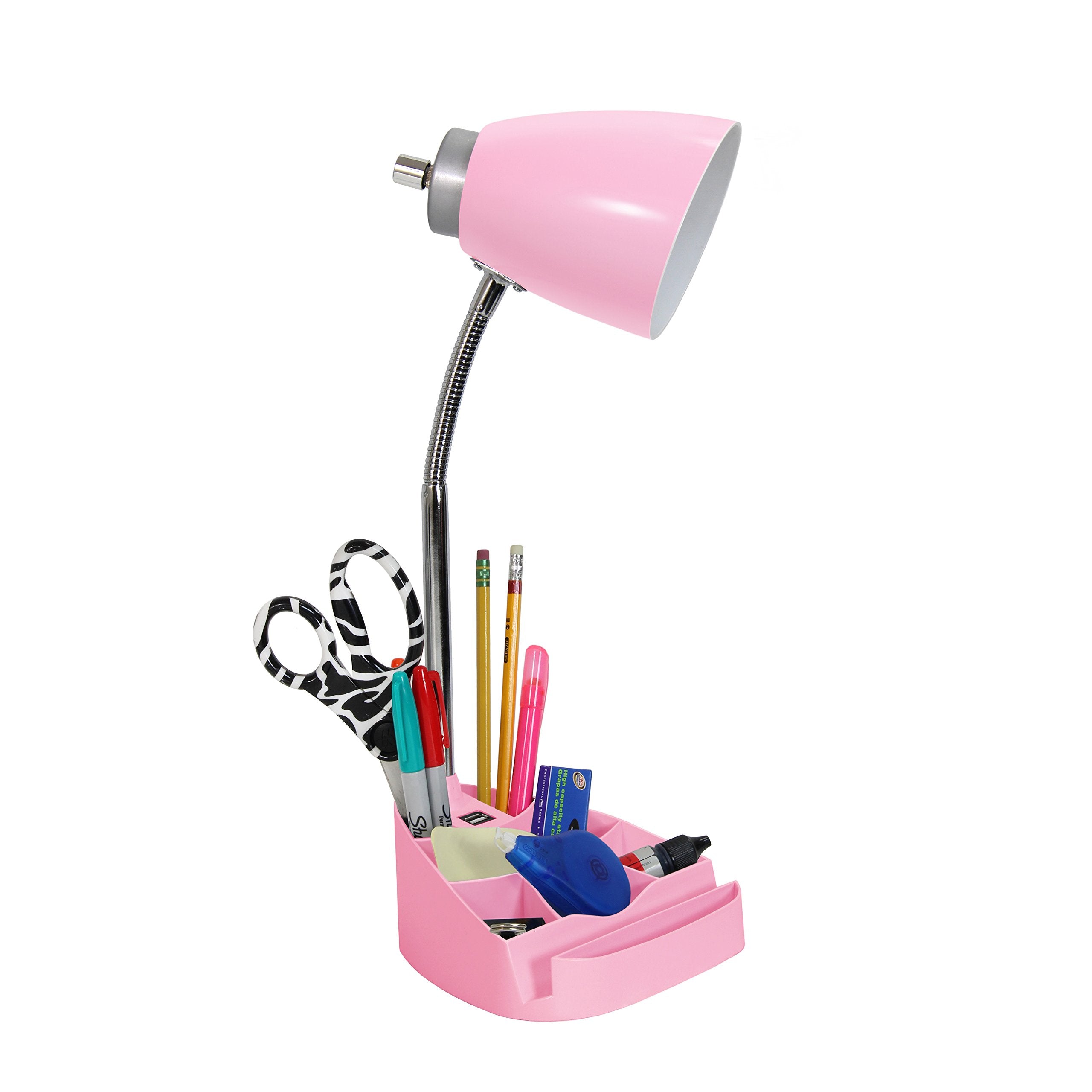 Simple Designs Ld1056-Pnk Gooseneck Organizer Desk Lamp With Ipad/Tablet Stand Or Book Holder And Usb Port, Pink