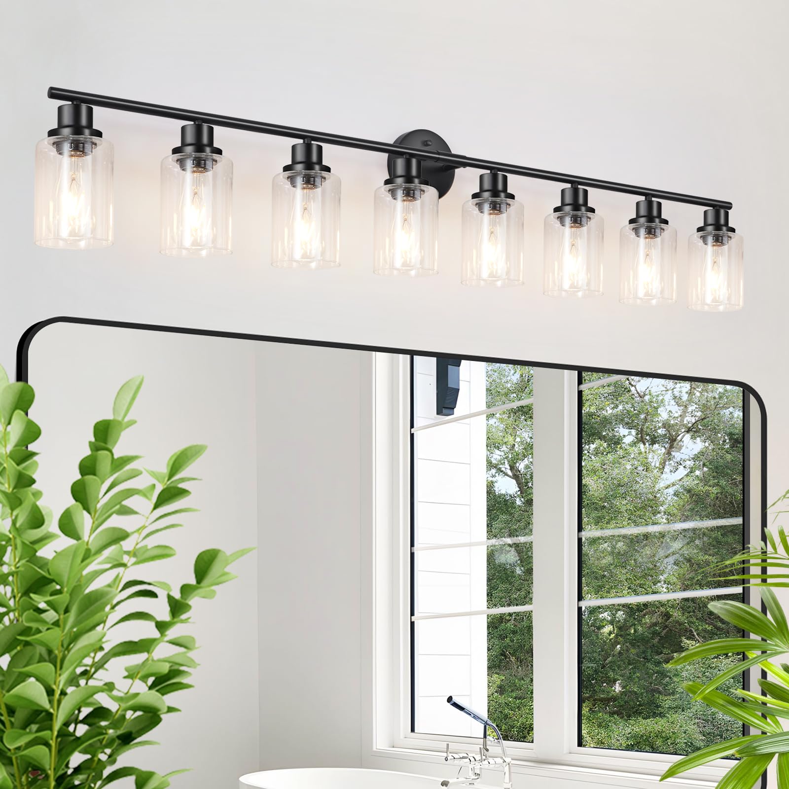 Guliaofo 8-Light Bathroom Vanity Light Fixture, Matte Black, Clear Glass Shade, Modern Design