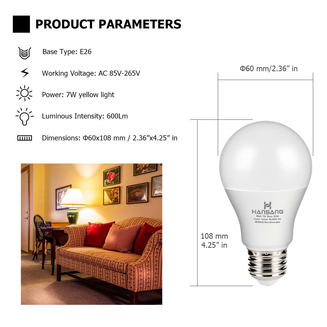 Hansang A19 Led Bug Light Bulb Yellow Color Bulb,7 Watt (60W Equivalent) E26 Medium Base Outdoor Porch Lights, Amber Bedroom Nig