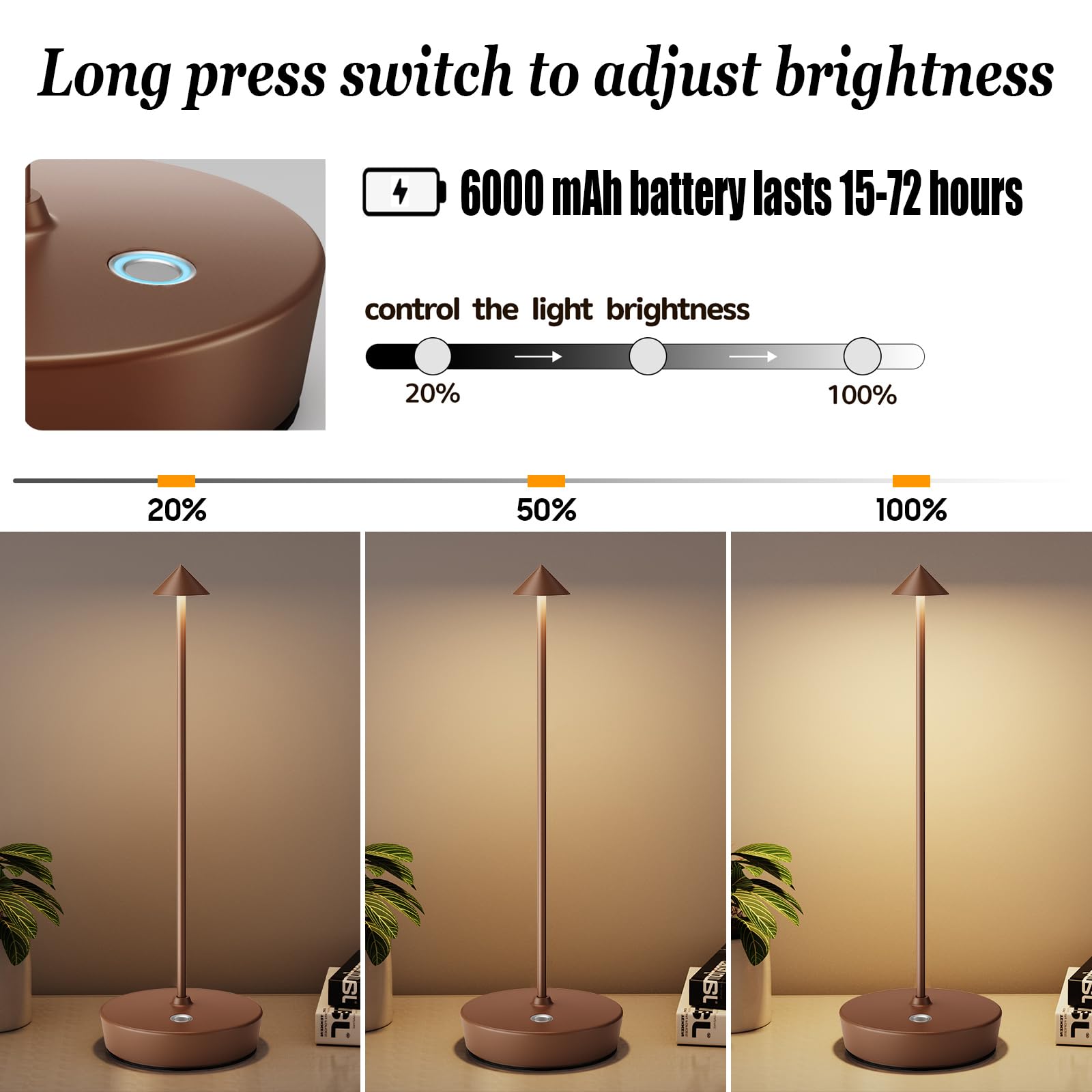 YIBEN Rechargeable Cordless Table Lamp, LED Battery 6000mAh, 3 Levels Brightness, 2Pack Coffee