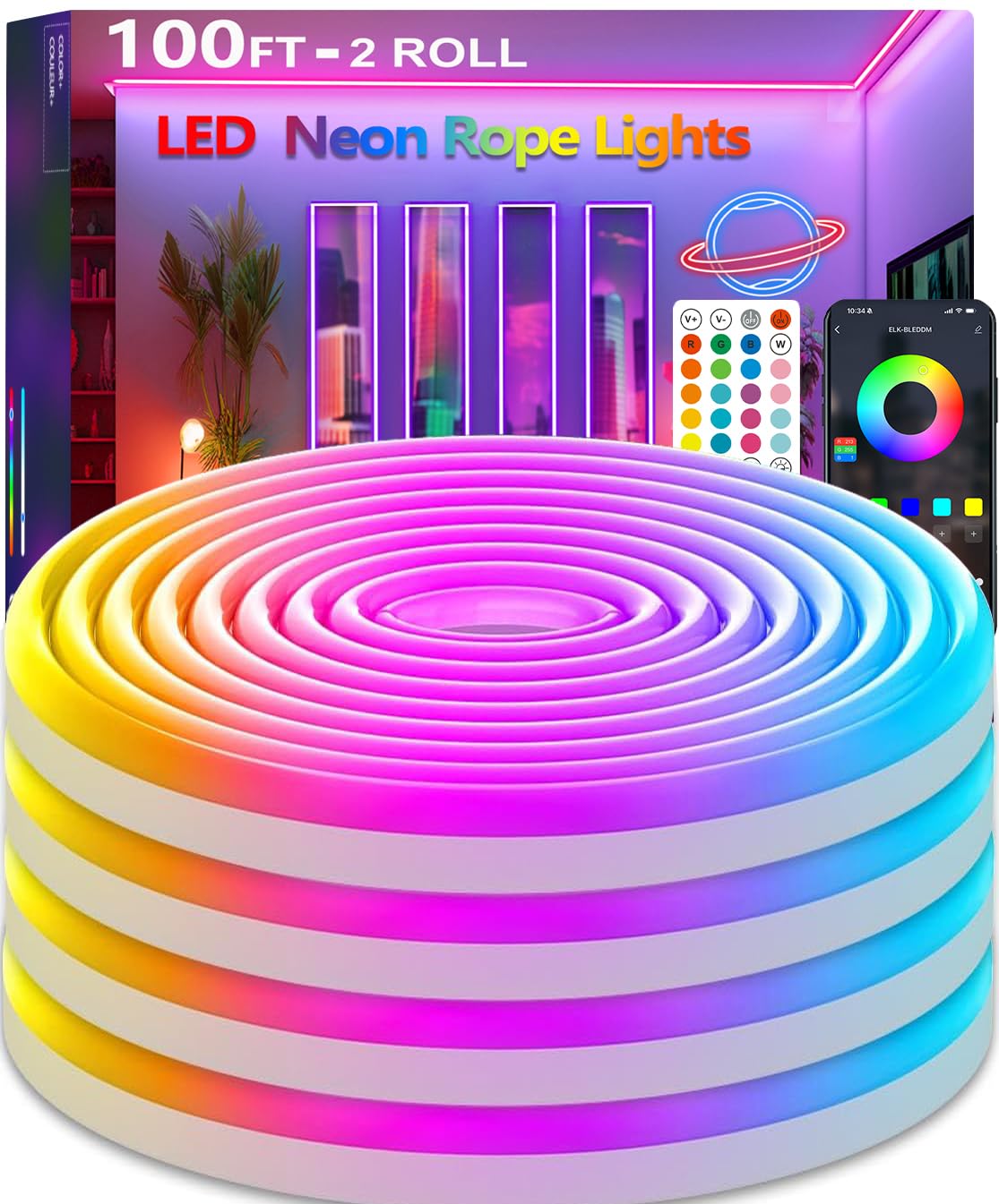 httpsmp 100FT (2 Rolls 50FT) Neon Rope Lights,Flexible Led Rope Lights Control with App/Remote,Multiple Modes Rope Lights,IP67 O