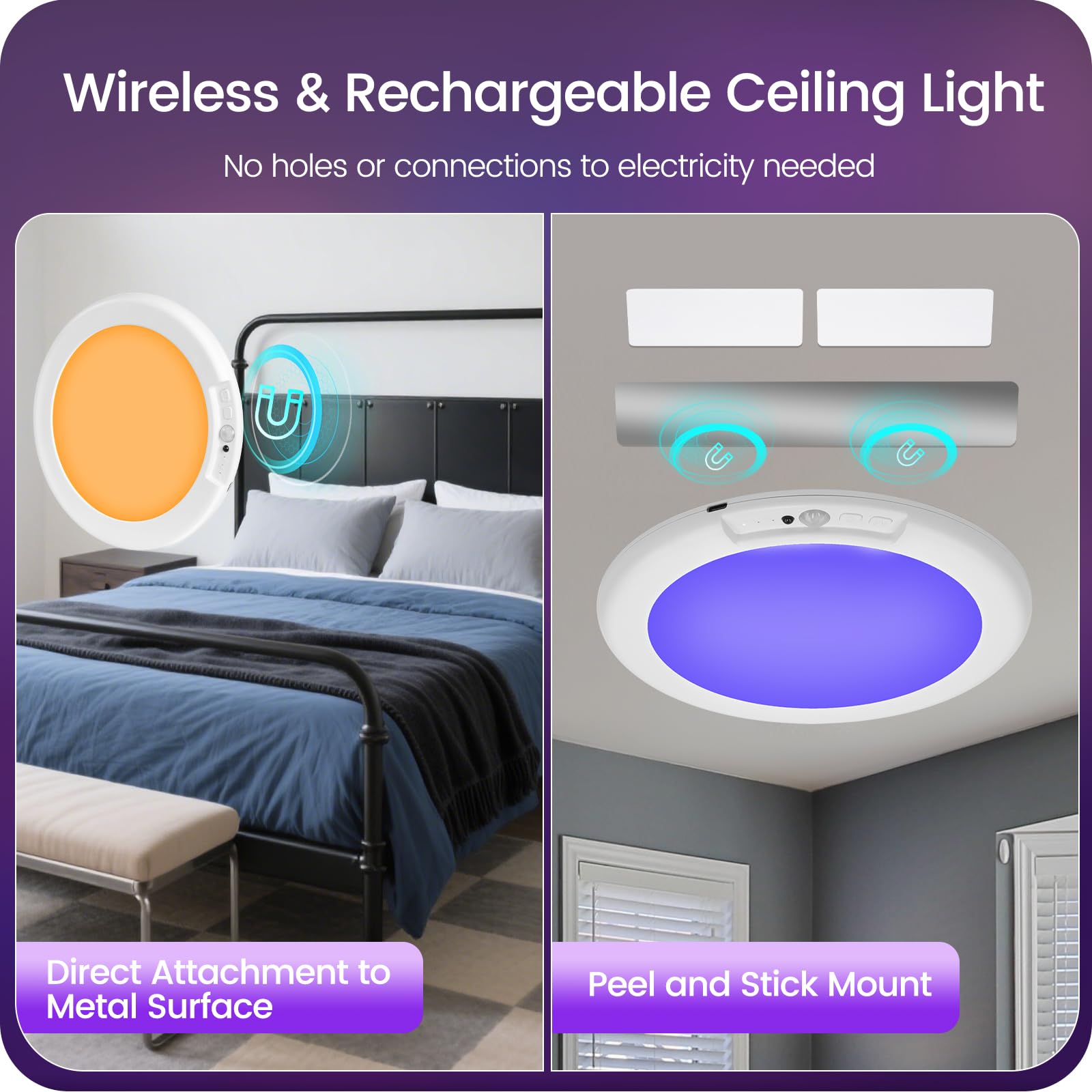 2 Pack Rechargeable Motion Sensor Ceiling Light With Remote, Rgbw Led Wireless Ceiling Light Fixture, Diy Colors, Color Changing