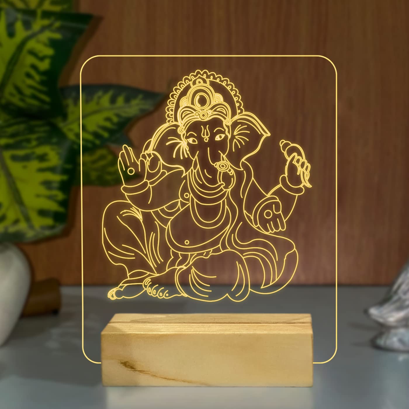 StarLaser 3D Illusion god Night lamp for Pooja Room Home Decor & Gift Warm White Light with Wooden Base (Lord Ganesh)