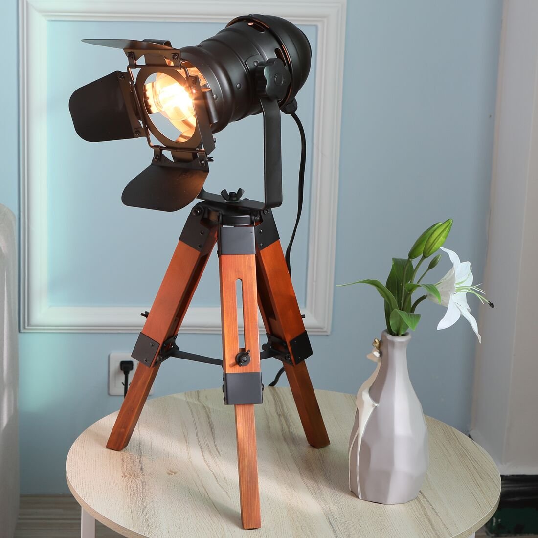 Lustorm 1 Industrial Tripod Wood Table Lamp For Bedside, Farmhouse Adjustable Height Retro Desk Lamp For Living Room Rotataion V
