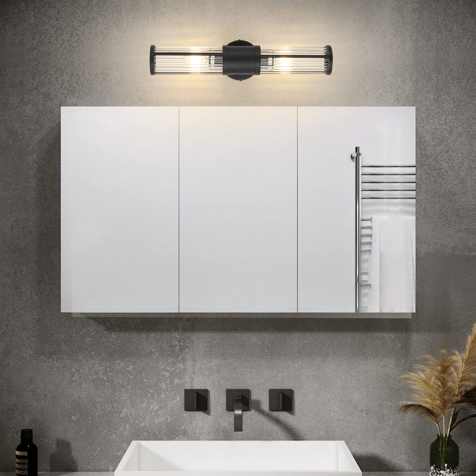 ECOBRT 2-Light Matte Black Bathroom Vanity Light - Modern Metal Wall Fixture with Glass Rods for Mirror, Bedroom, Hallway - Model 1630-BK