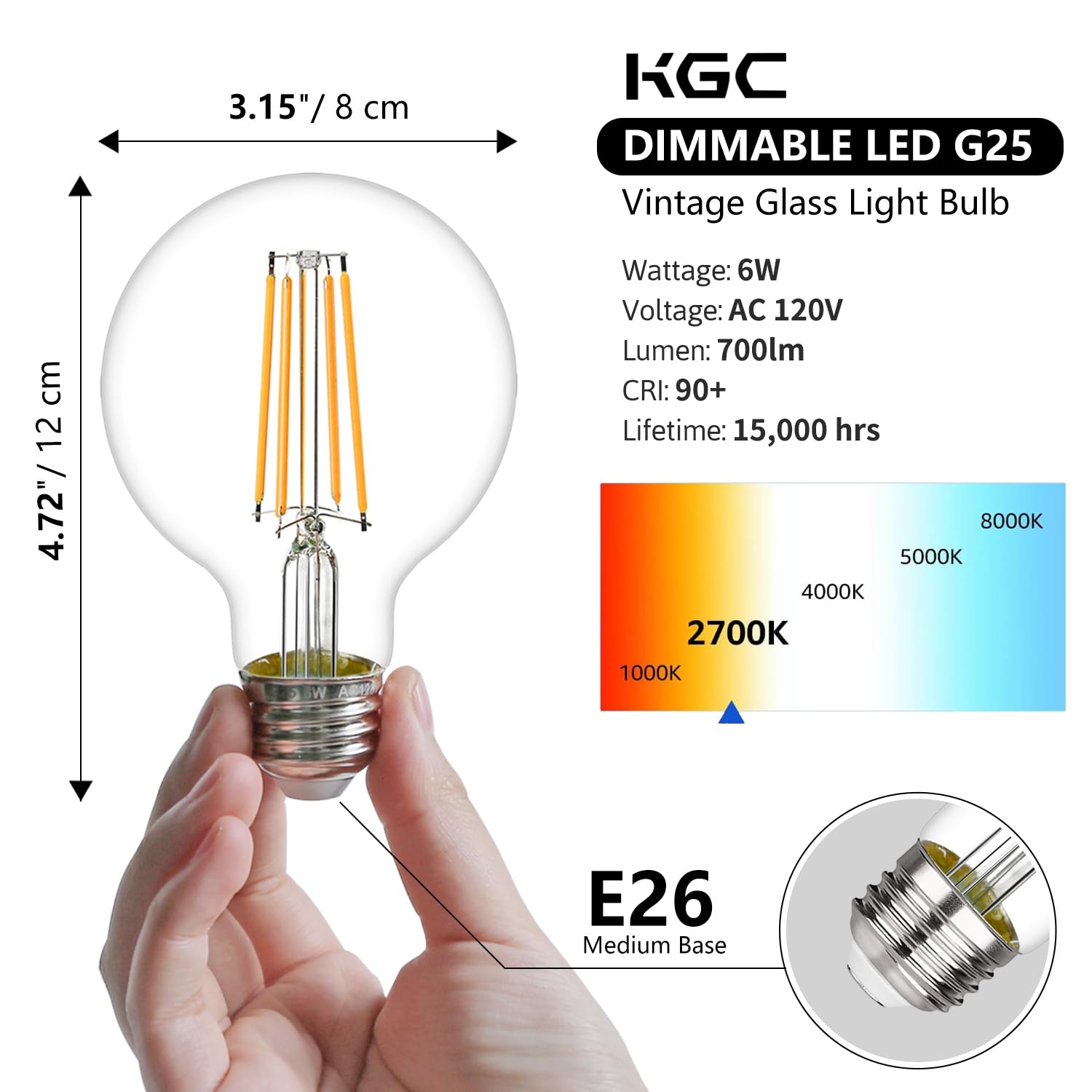 Kgc Led Edison Globe Light Bulbs, Neutral White 4000K Cri 90, Led Filament Light Bulb, 6W Equivalent To 60W 700Lm, G25(G80) Dimm