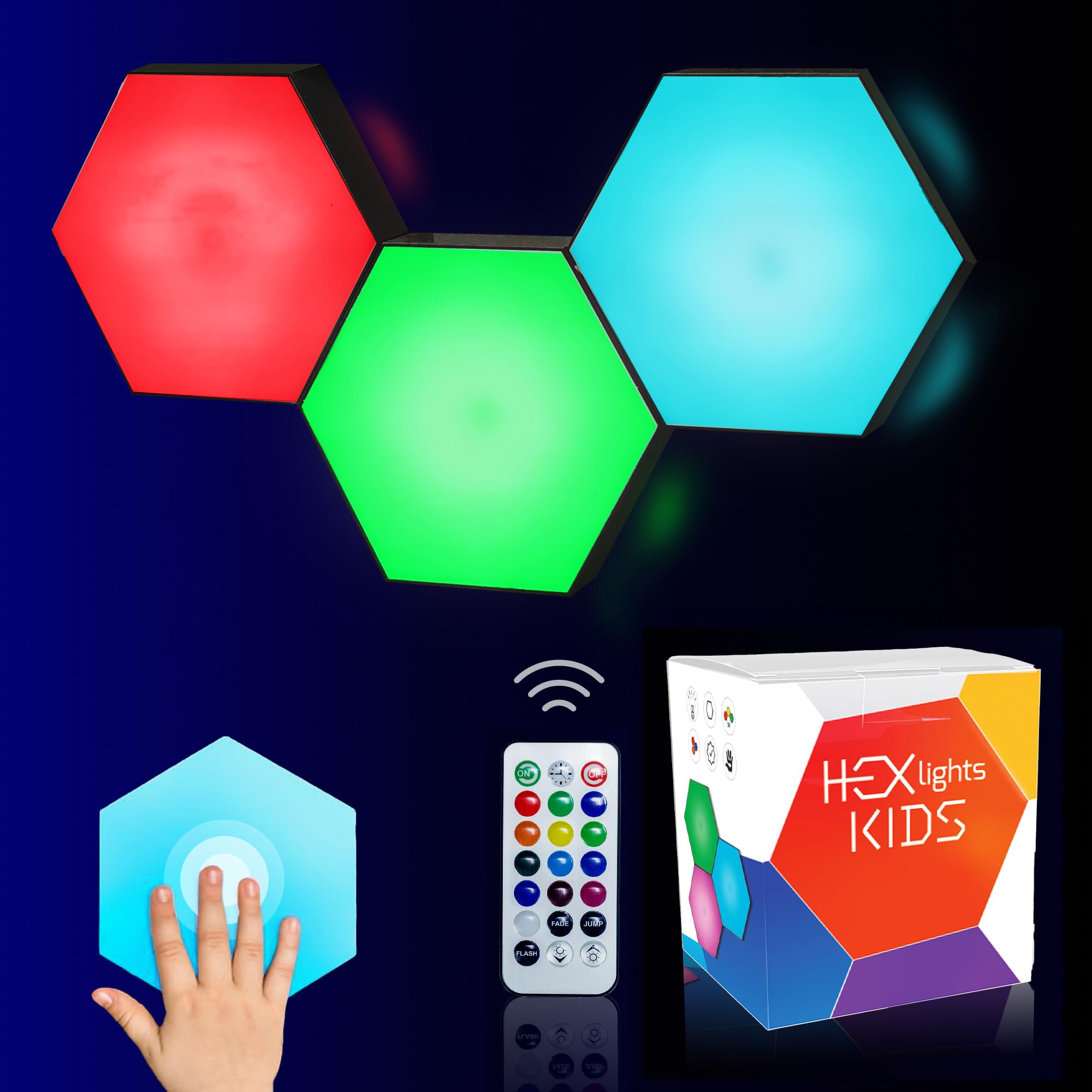 Emberela HEXlights Sensory Lights for Kids - 3pk Touch Hexagon Lights, Remote Controlled Light Tiles - Autism-Friendly Tap Tap W
