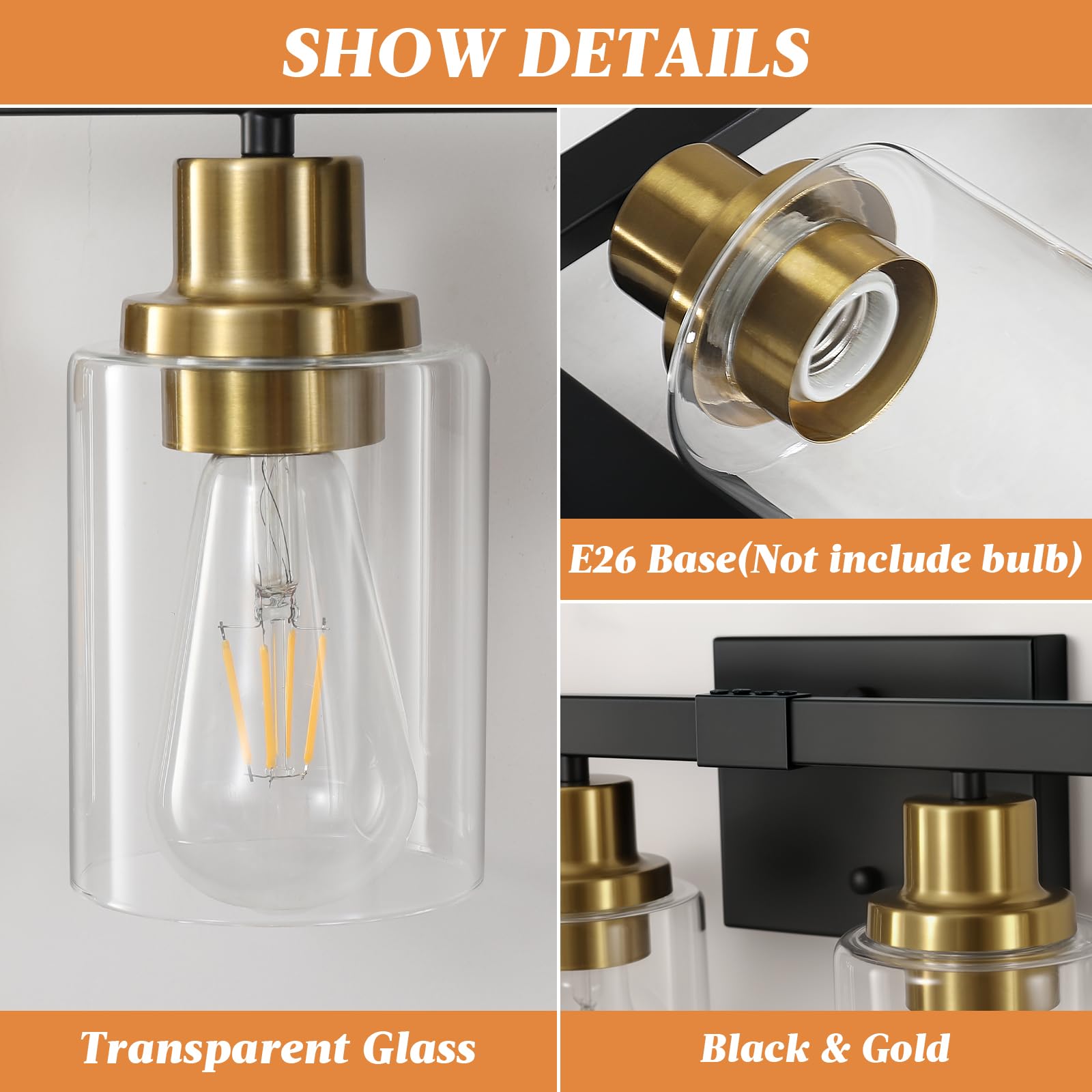 DIKAIDA Bathroom Vanity Light 4-Light Black & Gold Metal Fixture with Clear Glass Shade, Model BLBD-G-4