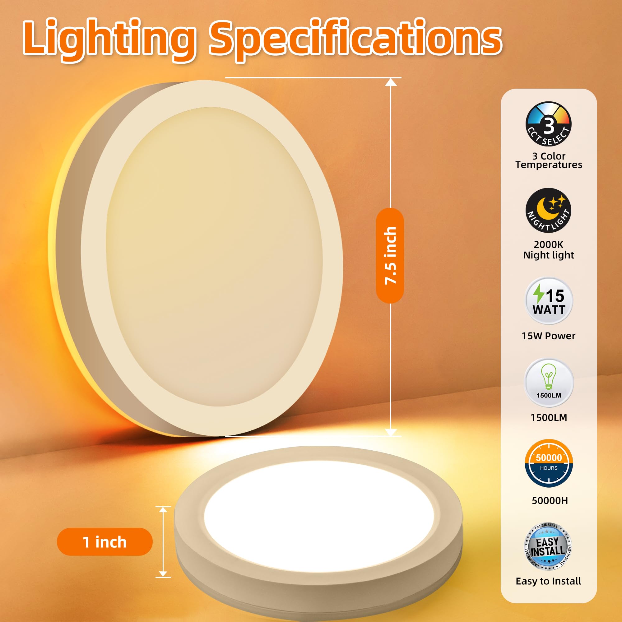 Hlite 7.5" Flush Mount LED Ceiling Light, Dimmable, CRI90, 15W, 1500 LM, Selectable 3000K/4000K/