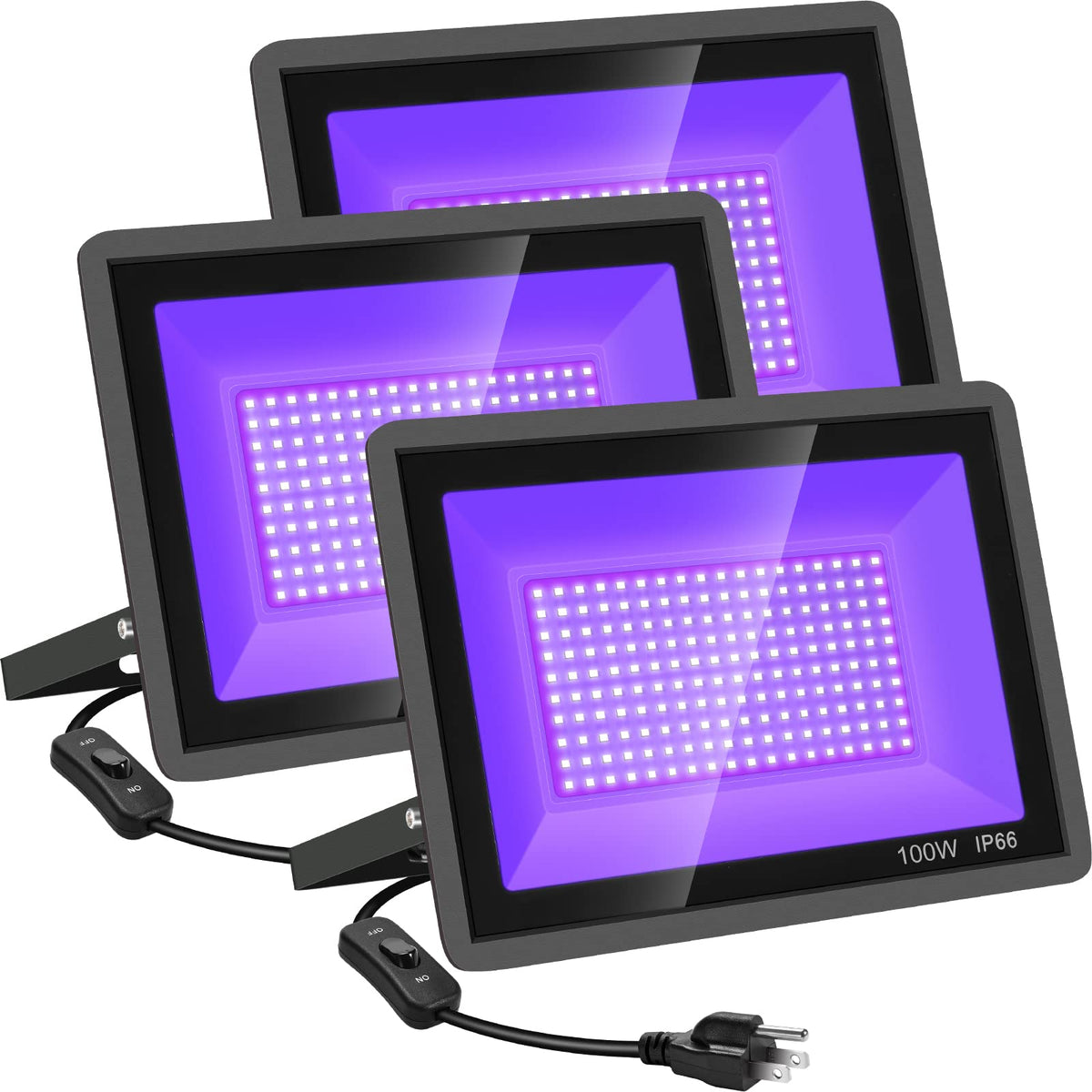 Yanycn 3 Pack 100W Led Black Lights, Blacklight Flood Light With Plug And Switch, 120V Ip66 Waterproof Blacklight For Halloween
