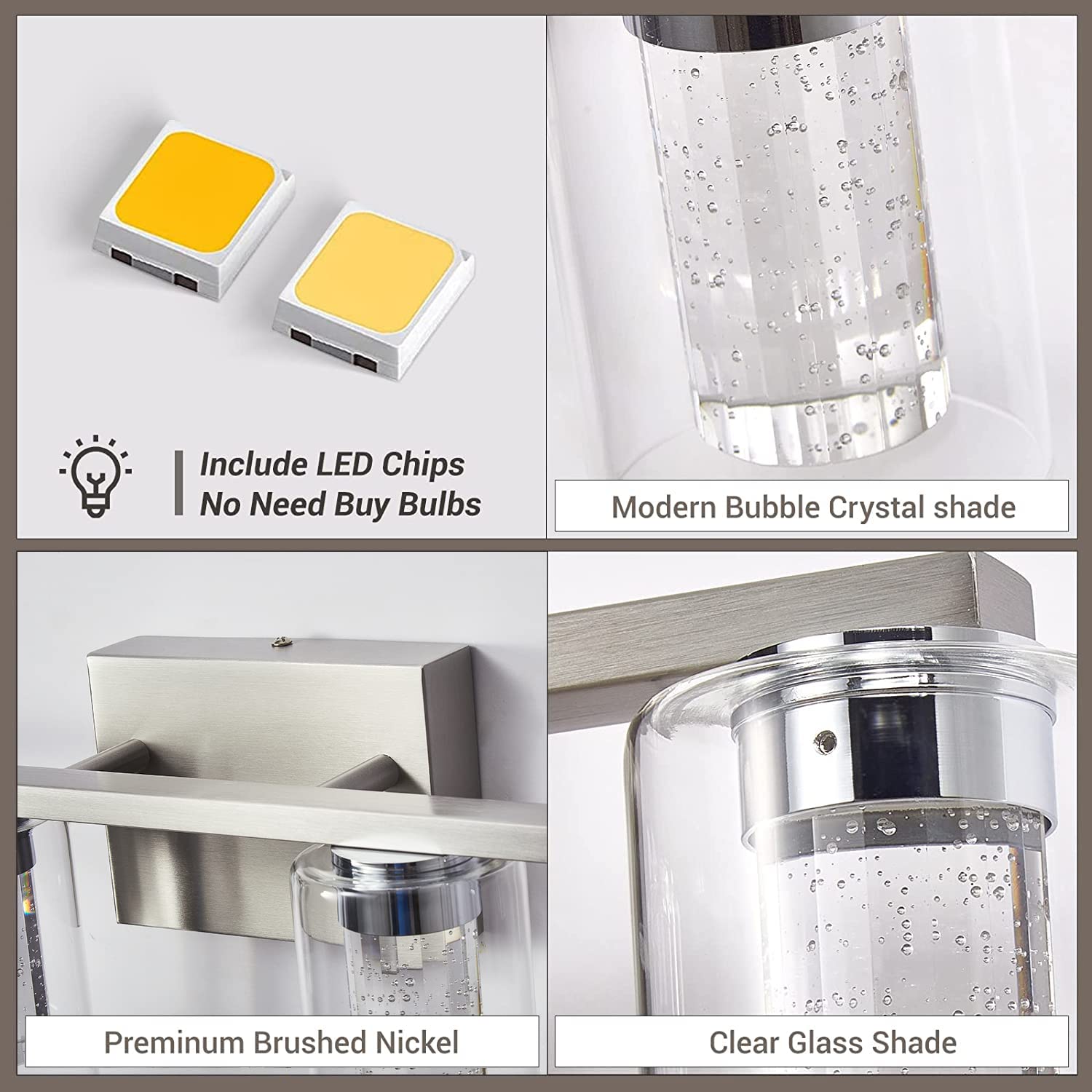 Stambord Bathroom Light Fixtures, 4 Light Brushed Nickel Vanity Light, Dimmable with Crystal Bubble Glass, Model B90-04-SB