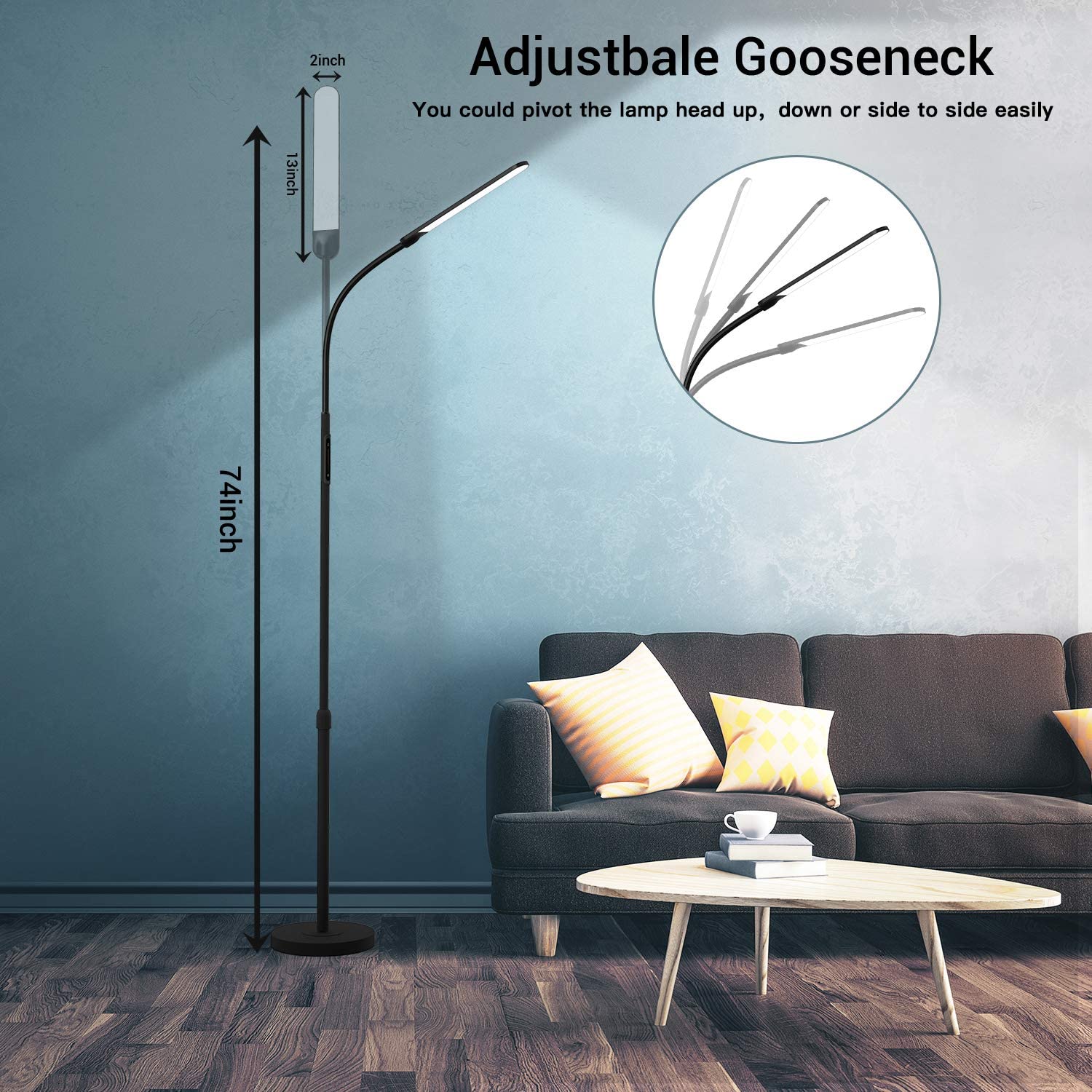 Nxone Adjustable Led Floor Lamp, Black, Modern Reading Light With 4 Colors & Stepless Brightness