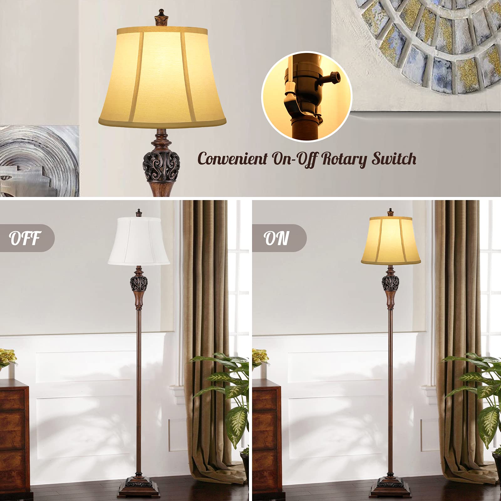 Sucolite Vintage Floor Lamp - Rustic White & Brown Tall Standing Lamp For Living Room & Bedroom