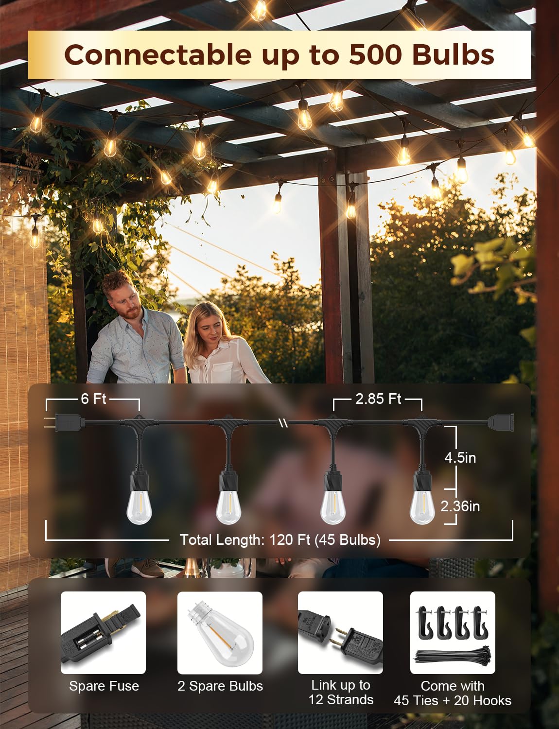 Xmcosy+ 48Ft Outdoor String Lights Waterproof - Led Patio Hanging Lights For Outside Porch Backyard Gazebo Garden, Commercial Gr