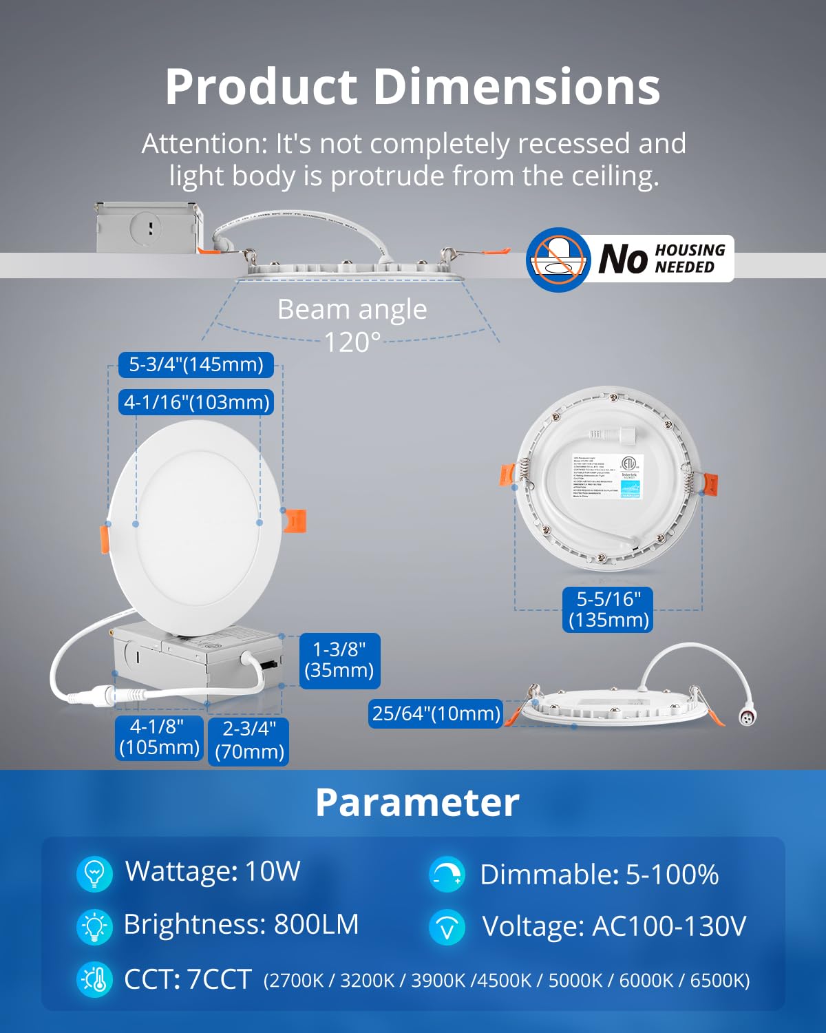 Vtuik 10W LED Can Light Retrofit, 5 Inch, 850lm, Ultra Thin, White, 8 Pack, 7CCT 2700K-6500K,