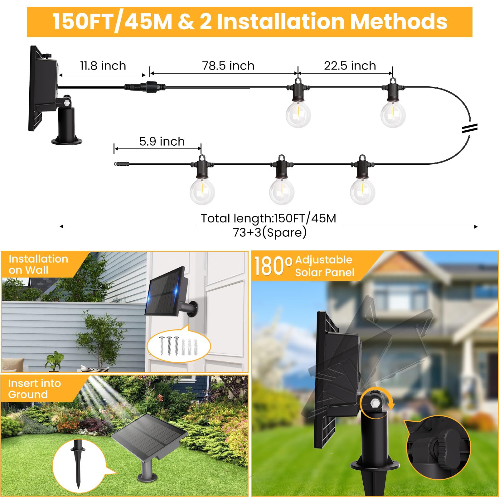 Zotoyi Solar String Lights Outdoor Waterproof Ip65 150Ft With Usb Port And 73+3 Shatterproof G40 Bulbs, Up To 8-12 Hours For Usi