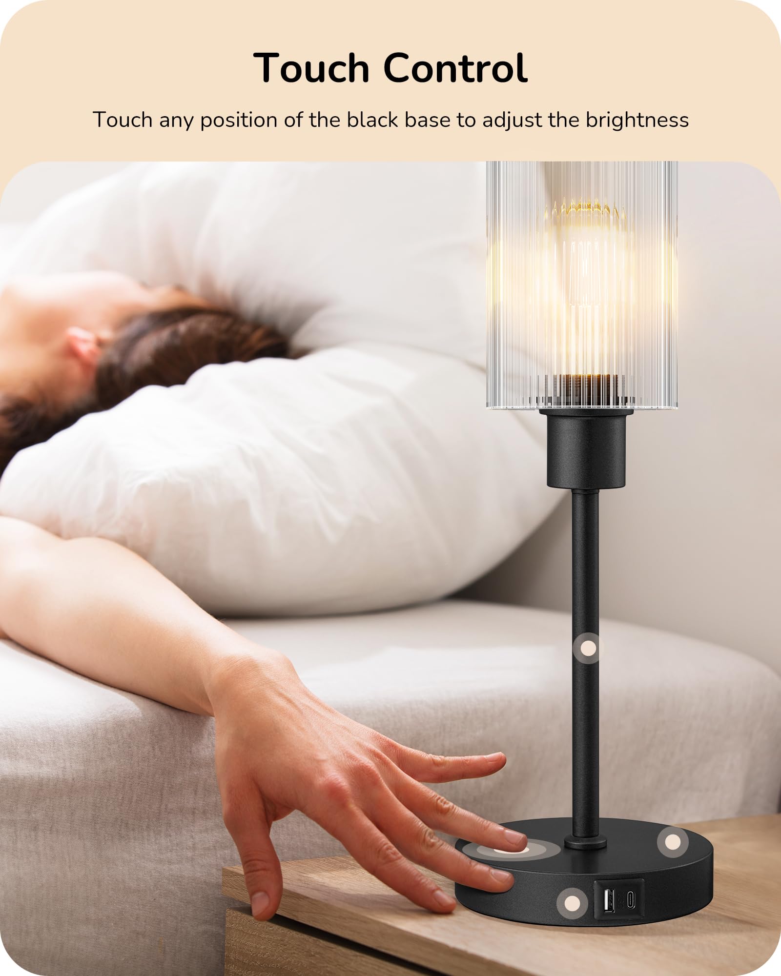 EDISHINE Touch Control Table Lamp with USB Charging Ports, 3-Way Dimmable Glass Shade, Black, Model 6e0d2e66-4aa0-4aff-a