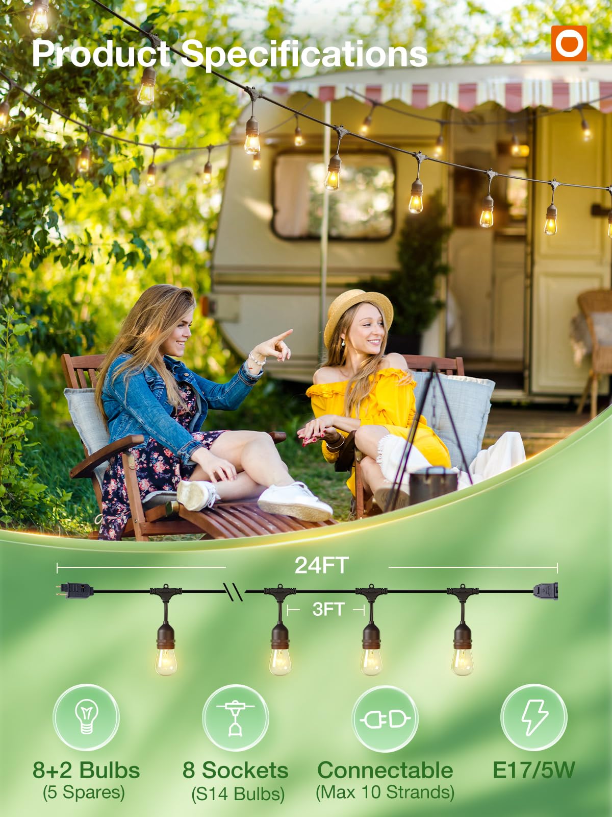 addlon Outdoor String Lights 24FT Weatherproof Edison Bulbs Black Café Lights, Model JCD-DL/E17, Heavy-Duty for Patio & Bistro