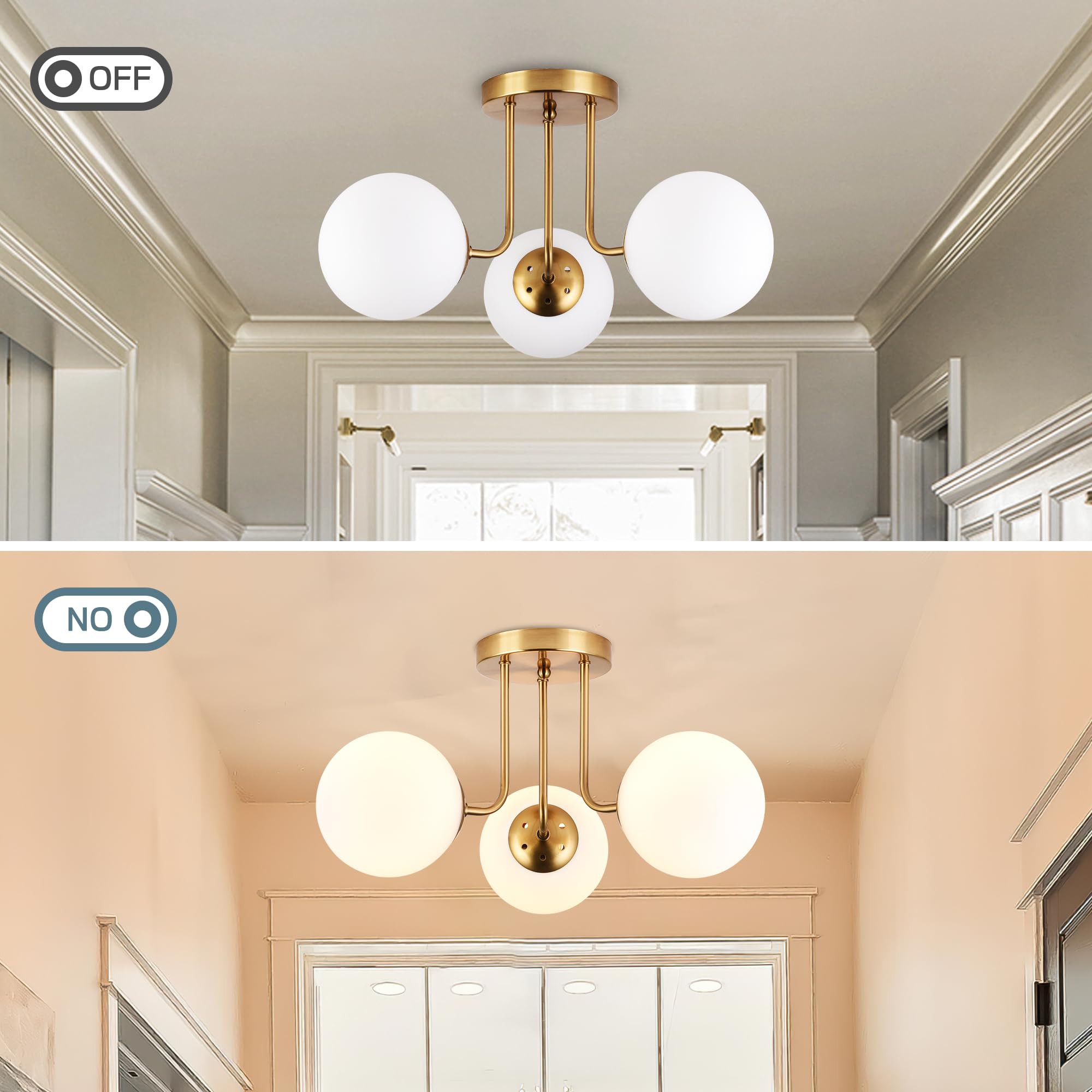 Koko&Yukina 3-Light Semi Flush Mount Ceiling Light Globe Ceiling Light Mid Century Ceiling Light With Opal Milk Glass Globe & Br