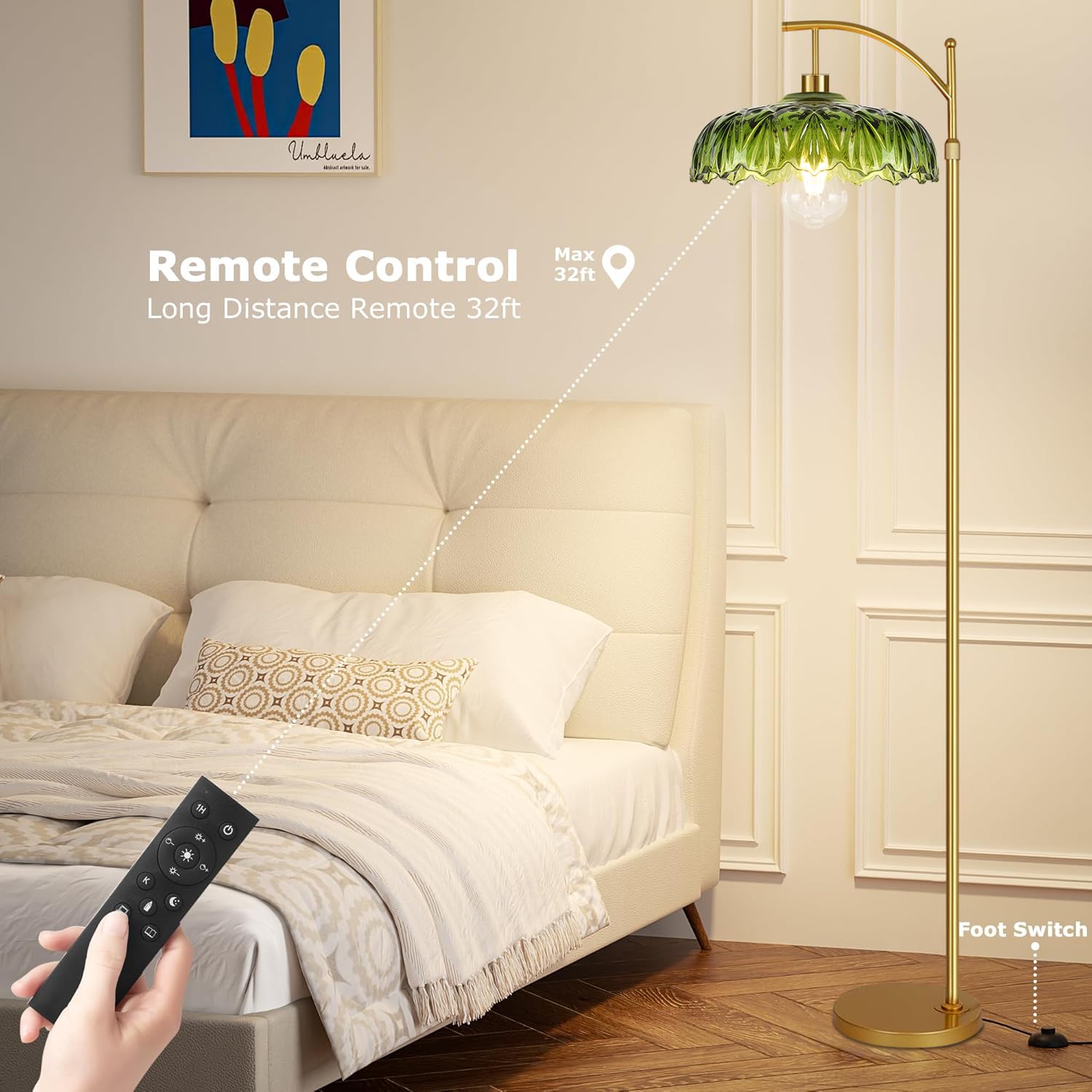 Illmtw Glass Floor Lamp For Living Room,Bedroom,Gold Standing Lamp With Remote,Dimmable Brass Mid Century Modern Tall Lamp Vinta