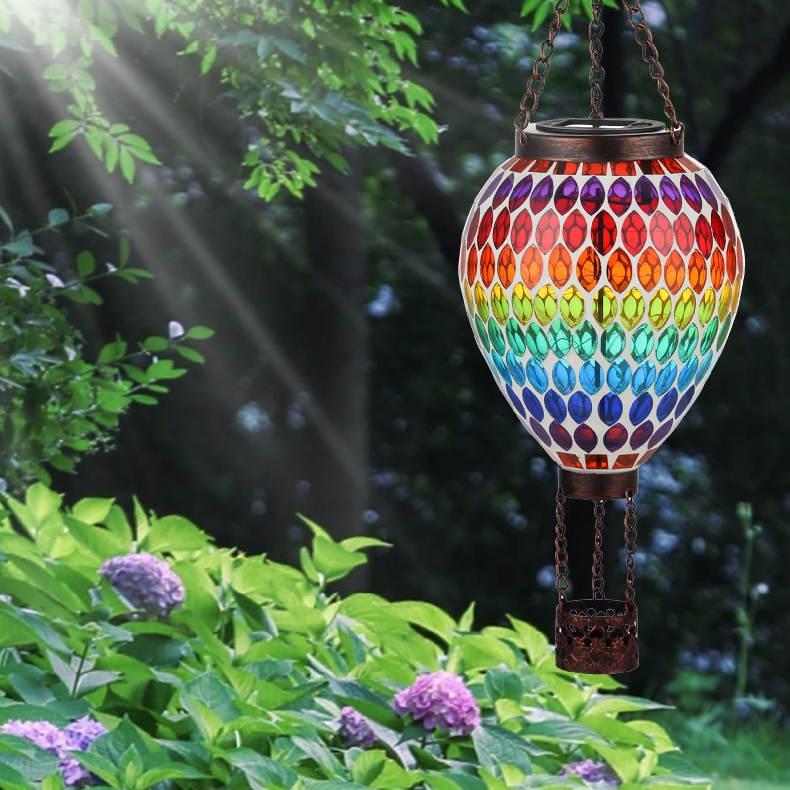 Voreen Hot Air Balloon Solar Lantern  Handmade Mosaic Solar Outdoor Hanging Wind Light  Waterproof  Patio Festive Decor  Gift For Mom Wife Friend  Rainbow Pattern