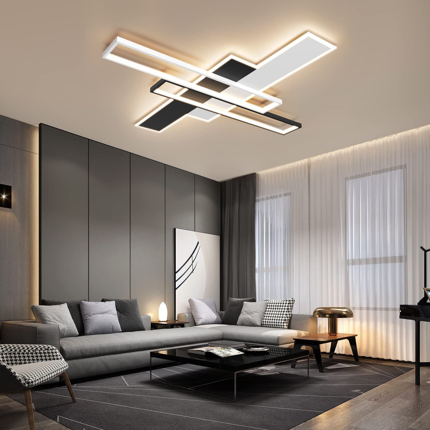 Okes 85W Led Ceiling Light Fixture With Remote, Dimmable 3000-6000K, Black Square Acrylic