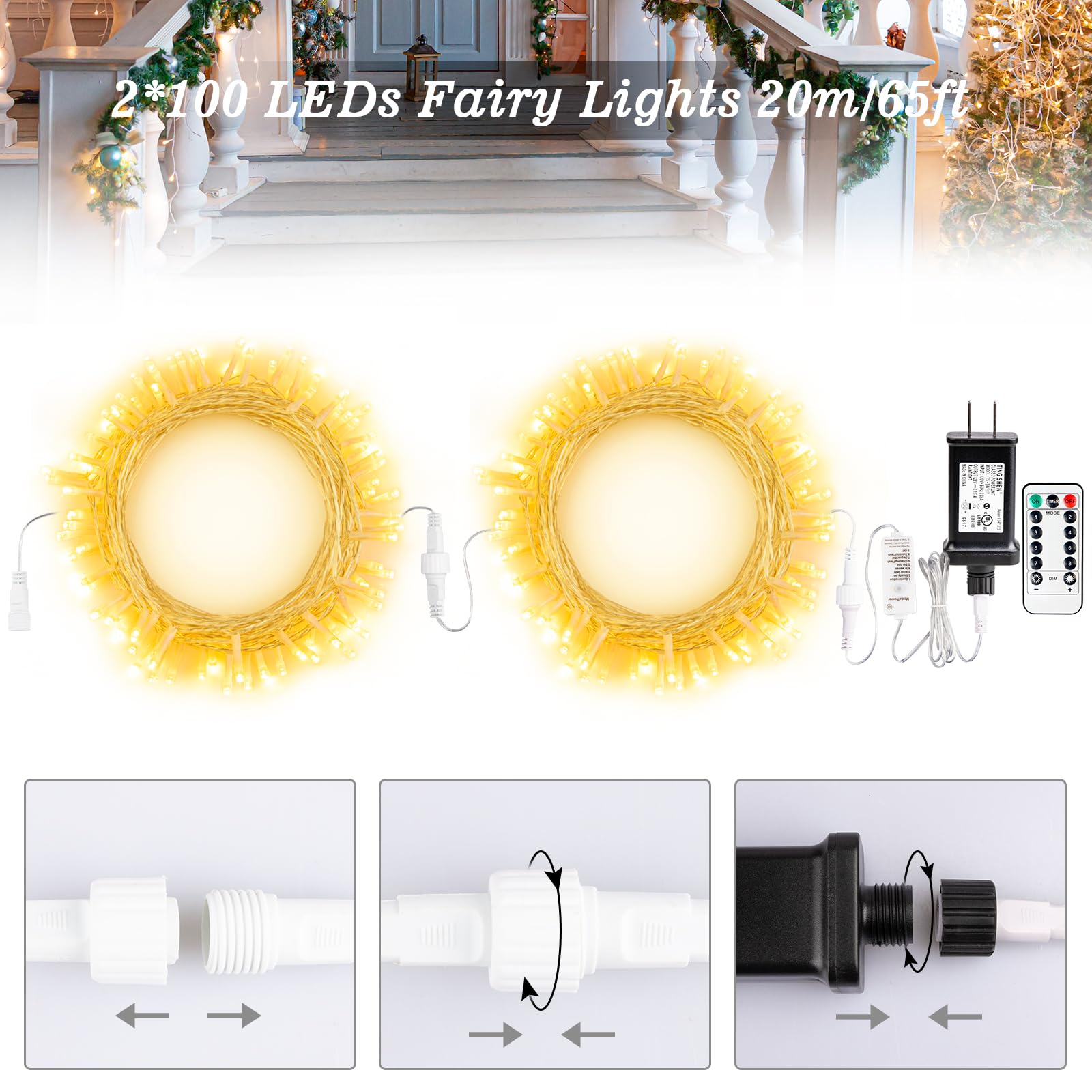 koopower 200 LED Indoor String Lights with Remote and Timer, 65ft Linkable (Max 162.5 FT) Fairy Lights, Plug-in String, 8 Modes,