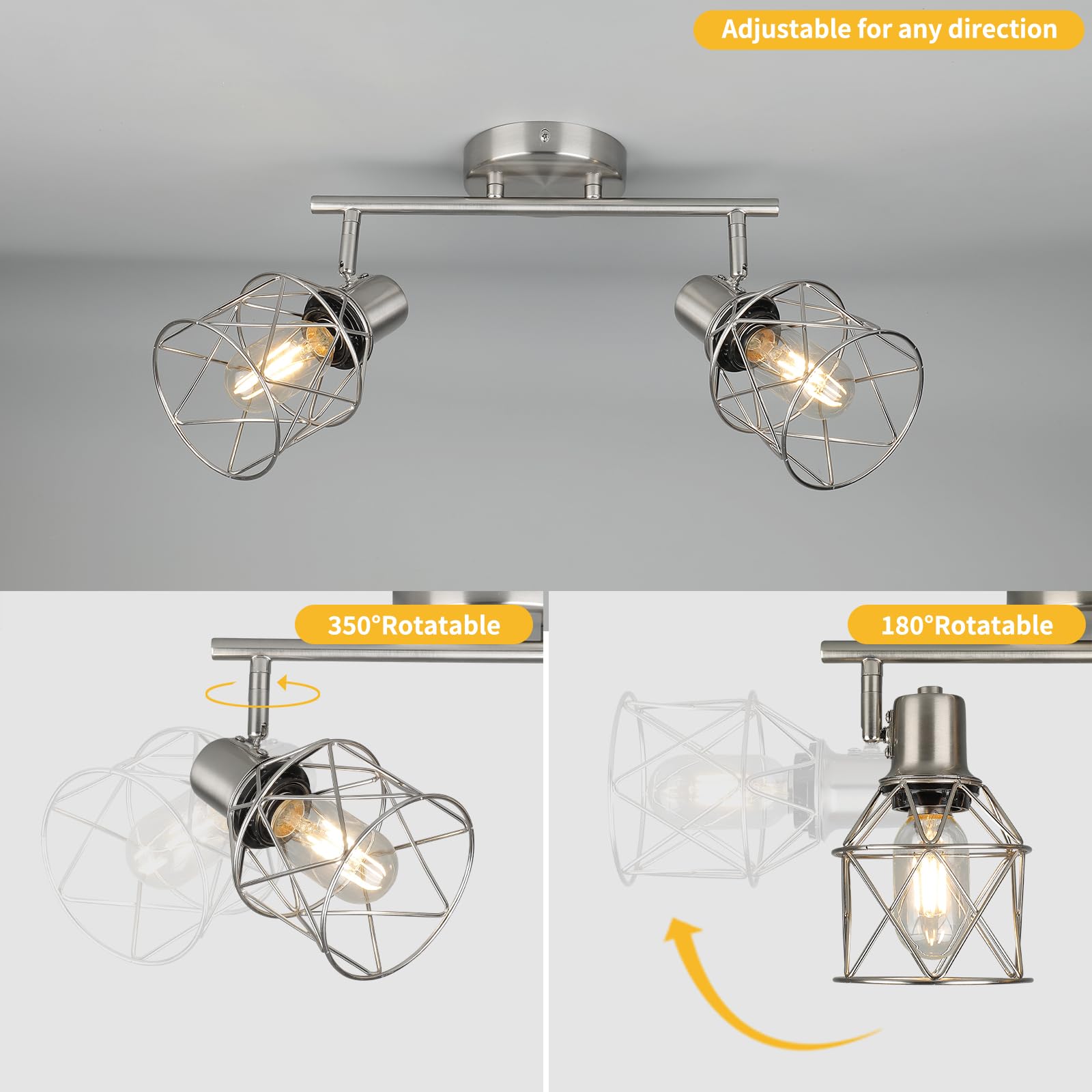 Wilon Industrial Track Lighting Kit, 2 Light Modern Track Lighting Fixtures Brushed Nickel Flush Mount Ceiling Light Rotatable L