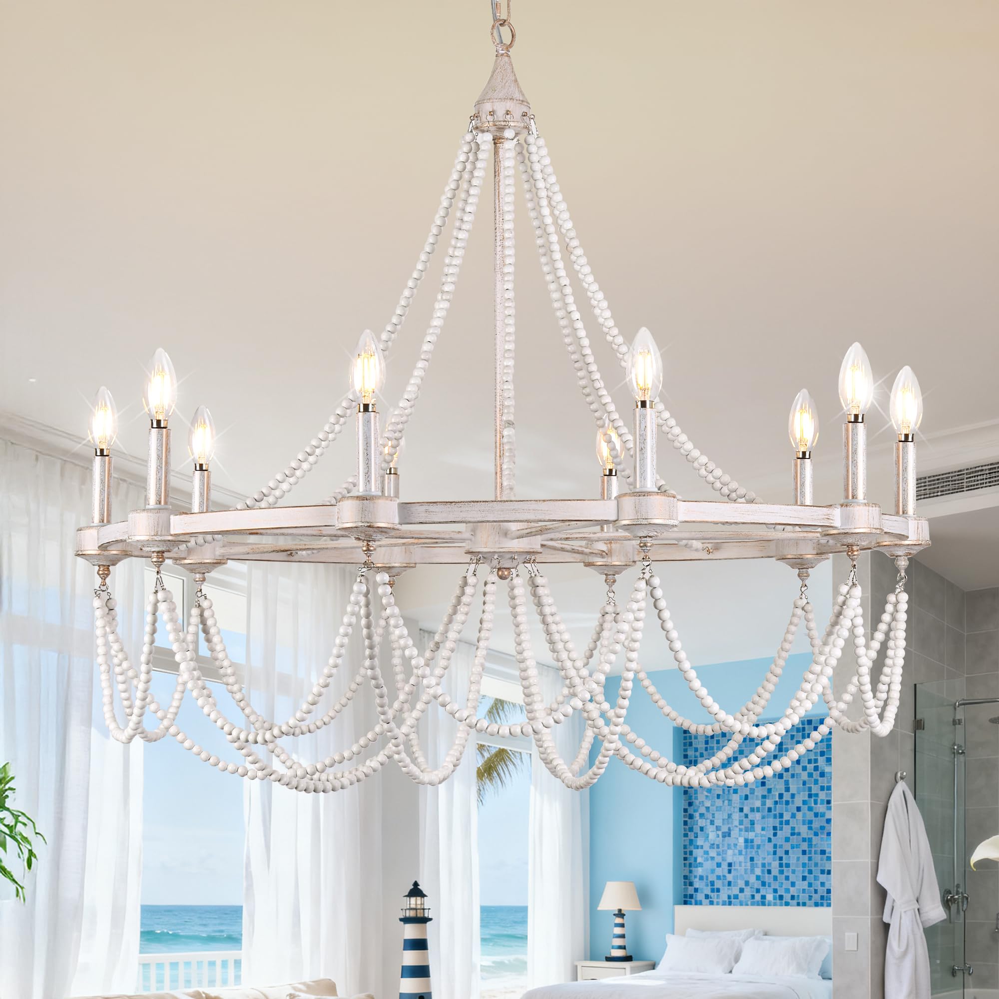 COCOSTAR Large Beaded Dining Room Light Fixture  36 White Farmhouse Chandelier  French Country Wagon Wheel Chandelier  Coastal Boho Hanging Lighting for High Ceiling 10xE12 Candle Lights