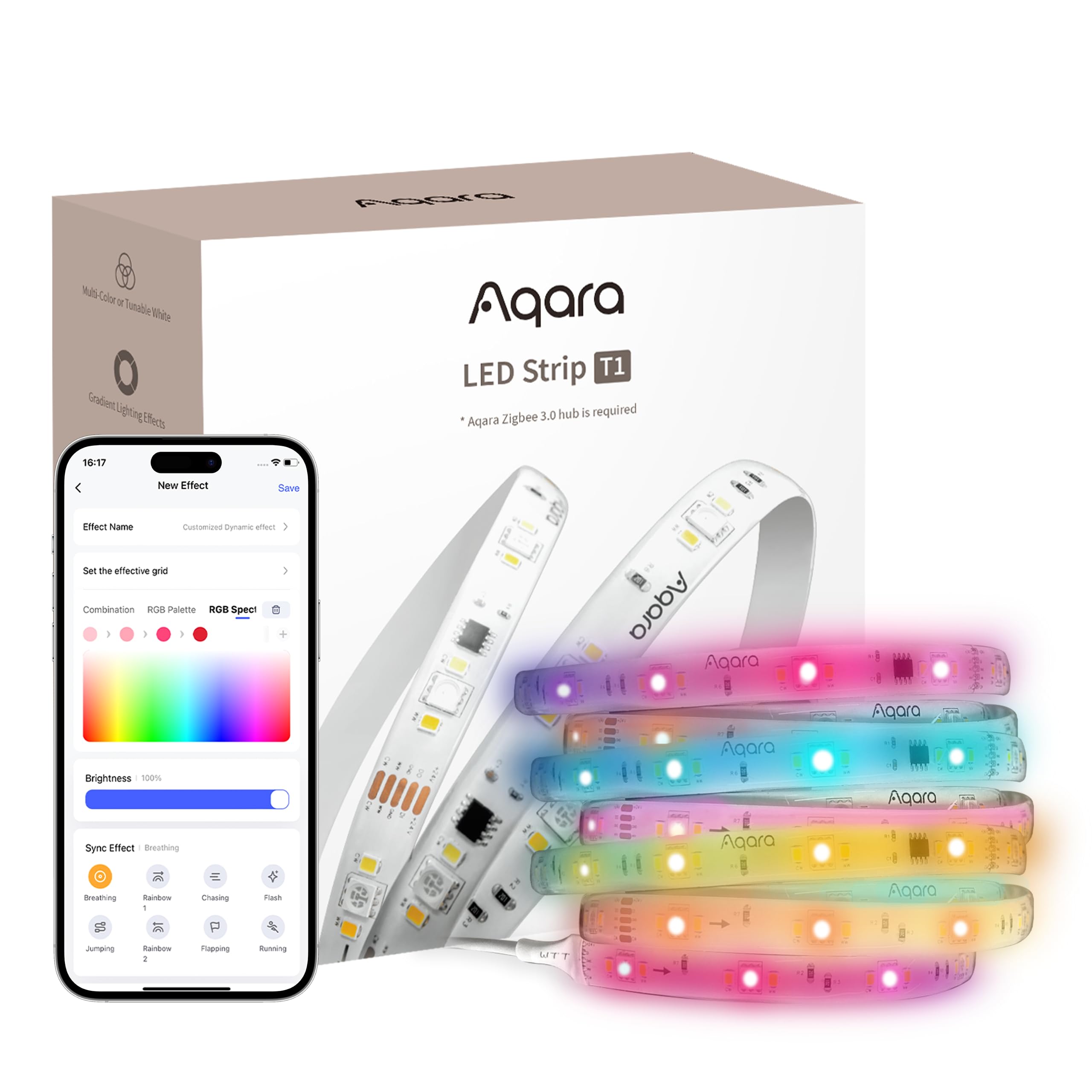 Aqara LED Strip T1 with Matter, Requires Zigbee 3.0 HUB, Not Support Third Party Hubs, 6.5 FT RGB+IC LED Strip Lights, 16 Million Colors/Tunable White/Gradient Effects, Supports Apple Home,Alexa