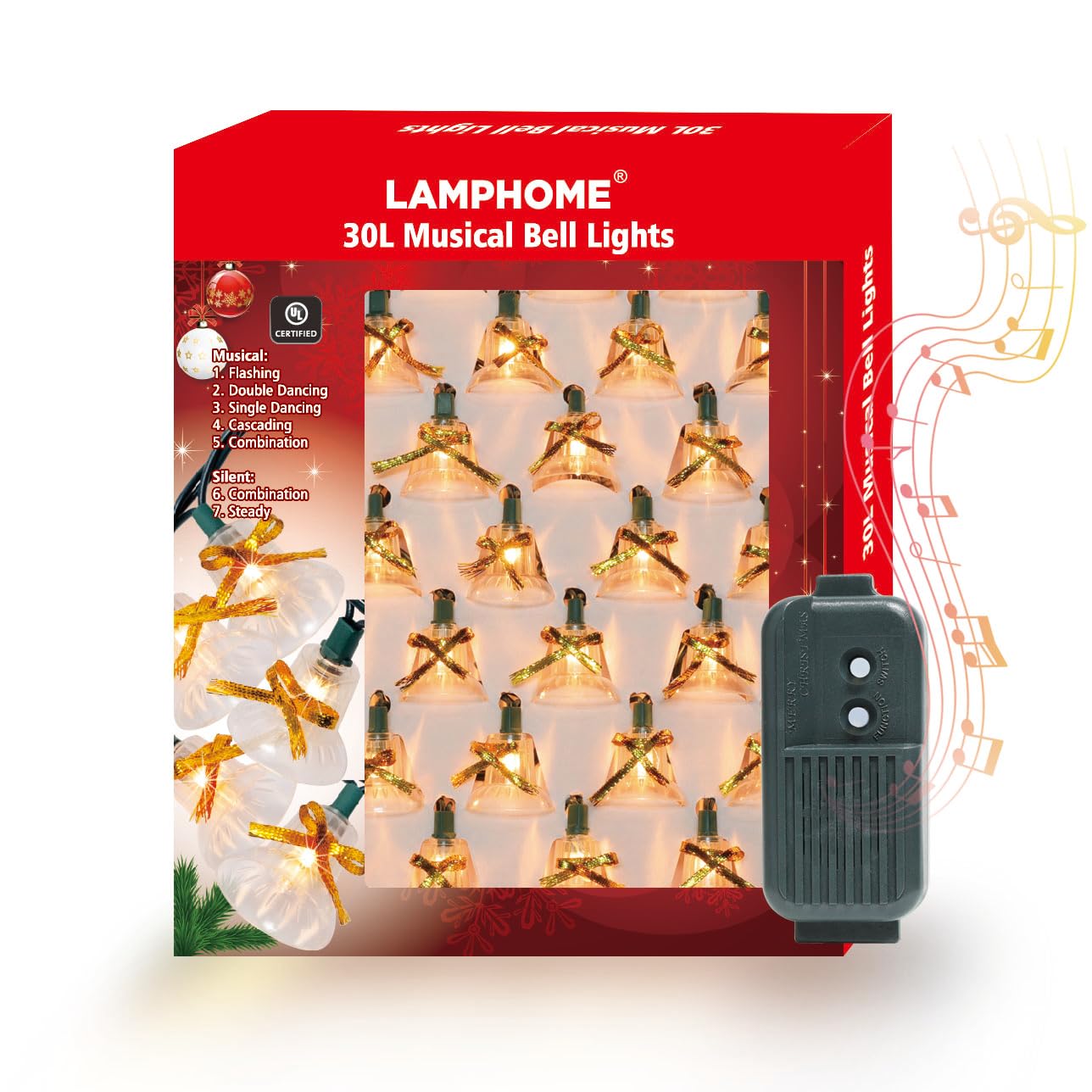 Lamphome 30 Lights Christmas Musical Bell String Lights, 25 Classical Holiday Songs, 7 Functions Clear Incandescent Bulb Green W