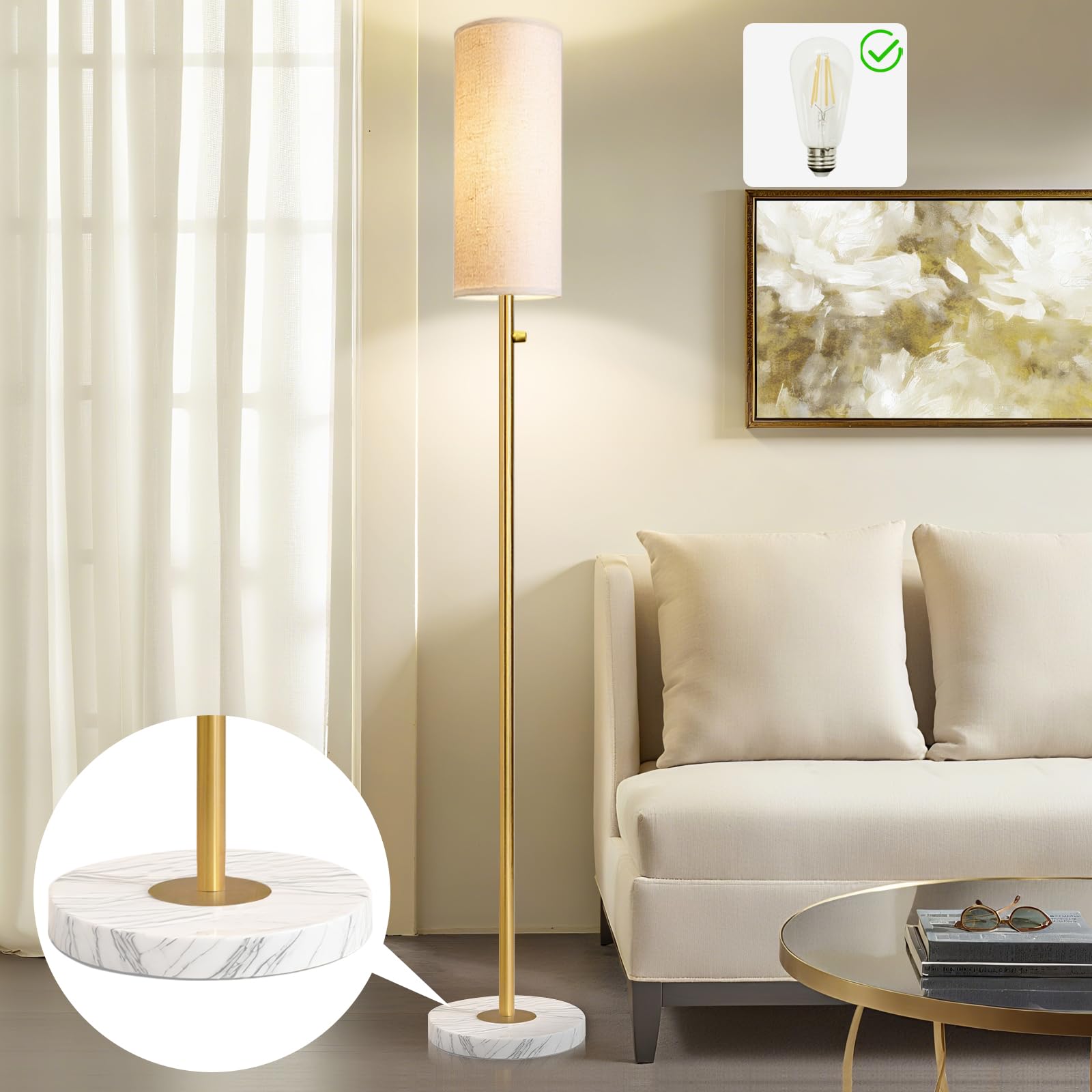Aulaiyi Gold Floor Lamp, Dimmable Modern Standing Lamp with Marble