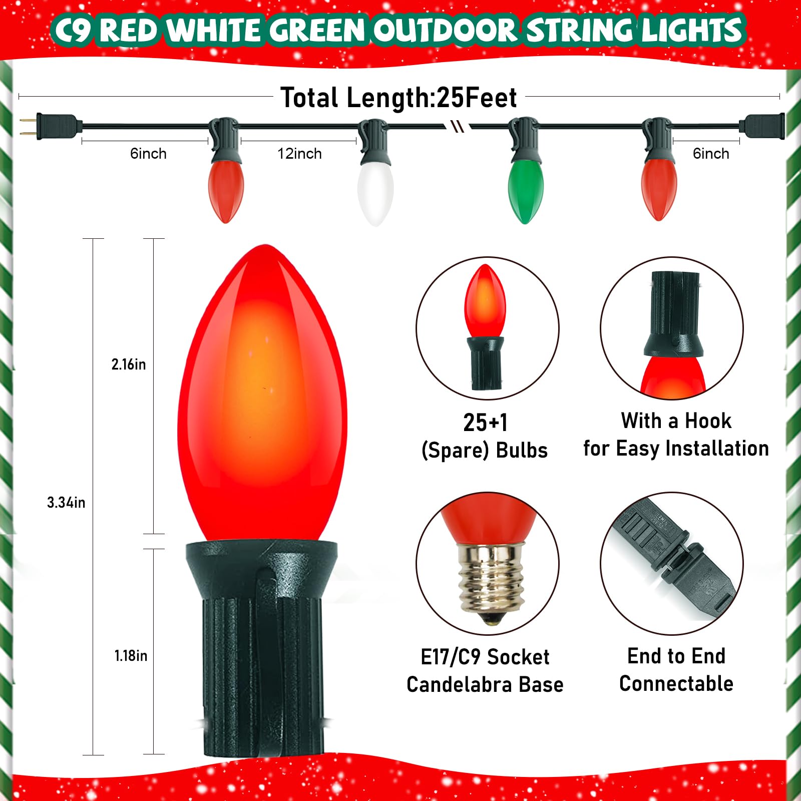 C9 Red White And Green Christmas Lights Outdoor, 25Ft Vintage Christmas Lights With 26 Multicolor Ceramic Bulbs, Hanging Christm