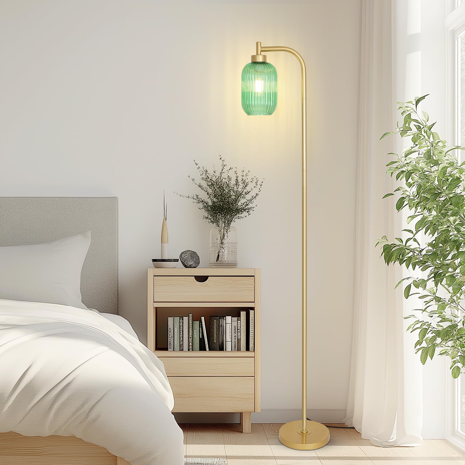 LAMSU Glass Floor Lamp - Modern Gold Standing Lamp with Green Stripe Shade, LED Bulb, Foot Switch, Minimalist Design for Living Room & Bedroom