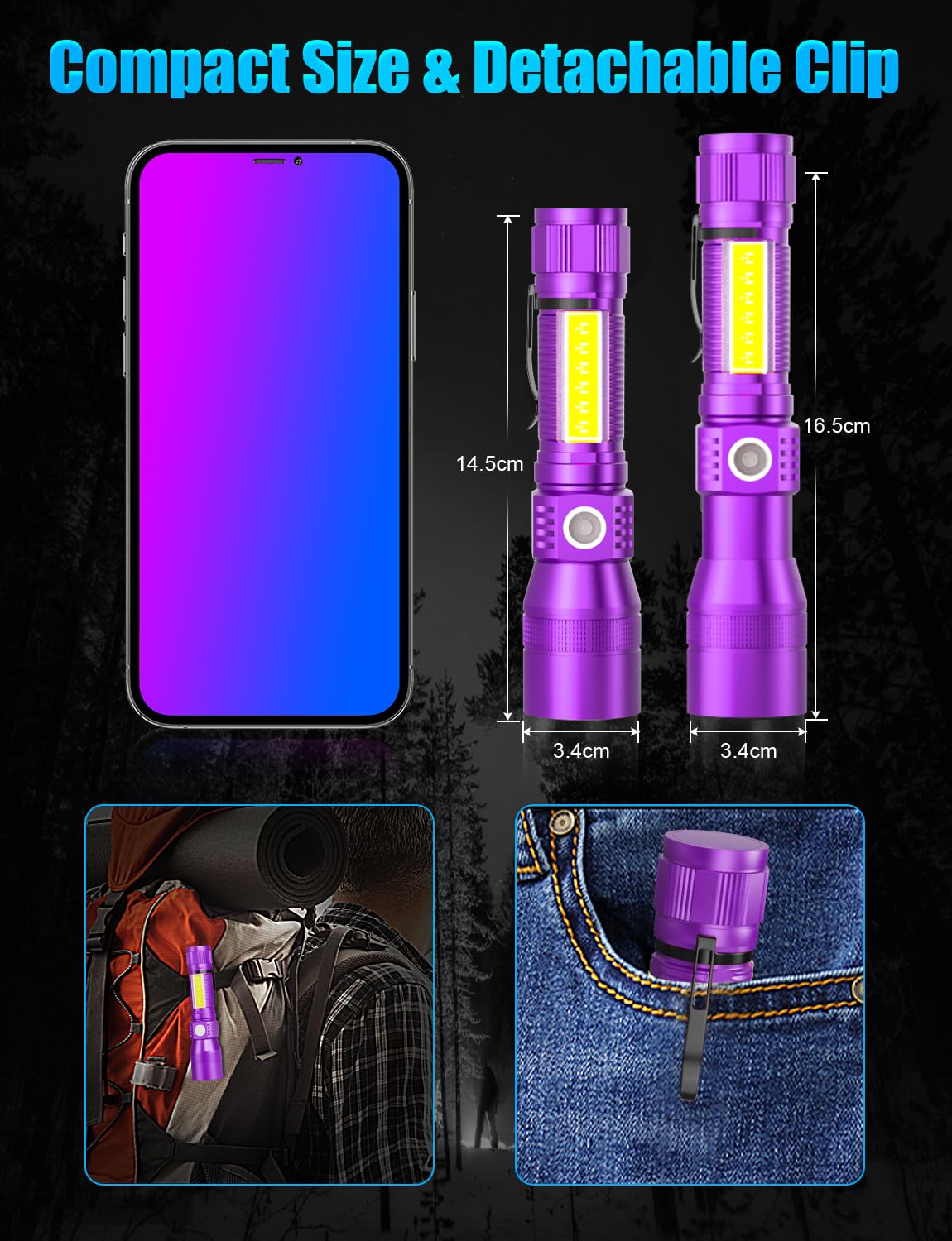 Vnina UV Rechargeable Flashlight 1000 Lumens 3-in-1 LED 5.71 IN 2 Pack Black/Purple