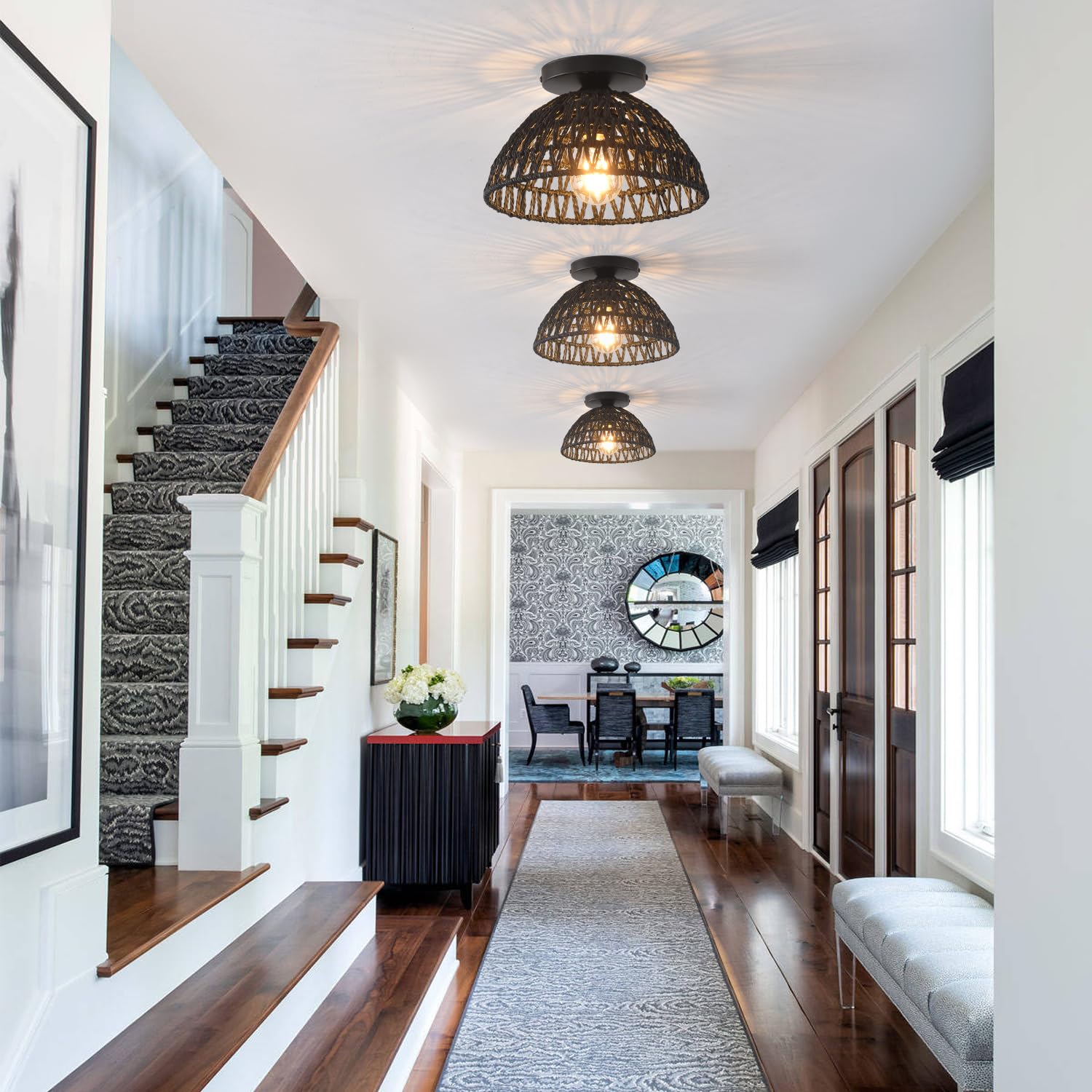 Ihengyanlt 2 Pack 10.2'' H Farmhouse Fixtures Ceiling Mount,Black Rattan Boho Semi Flush Mount Ceiling Light,Hand Woven Hallway