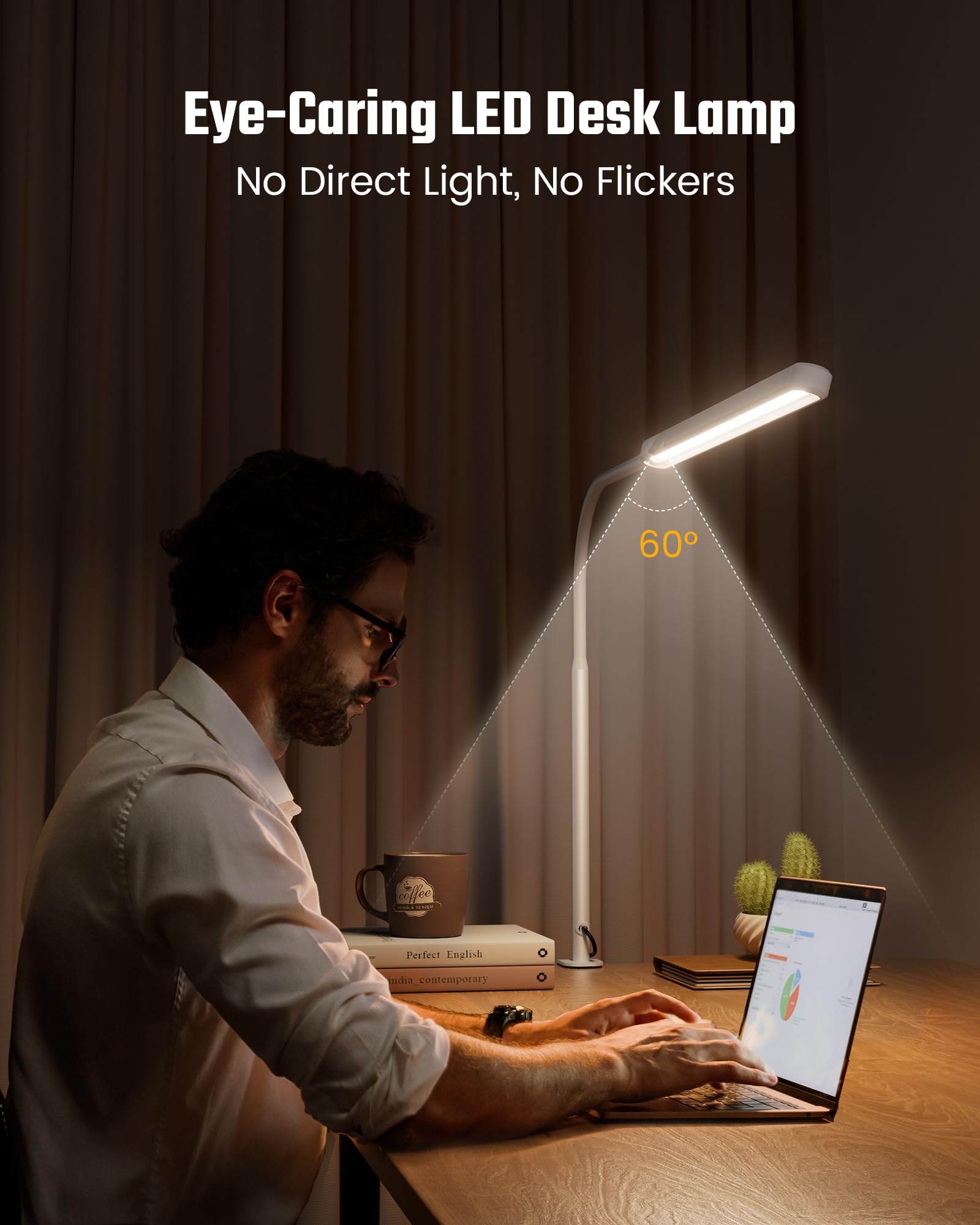 SUPERDANNY Eye-Caring LED Desk Lamp, 360° Flexible Gooseneck, Touch Control, Clamp Mount, Aluminum, White, Model SDDL04