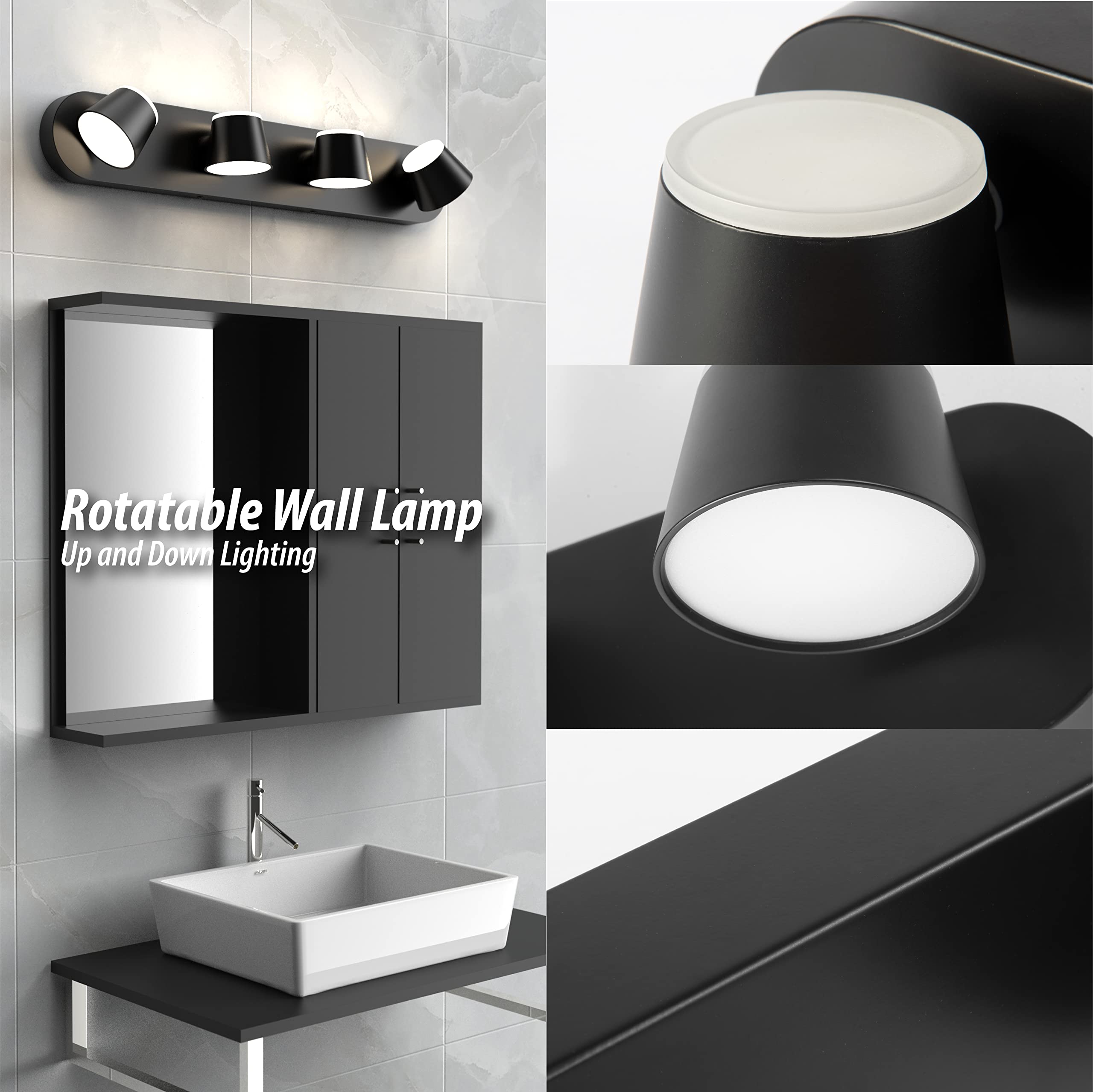 URSOLA 4 Light Bathroom Vanity Light, LED Metal Fixtures, Dimmable, 27 inch, Black, Model 7540-4T