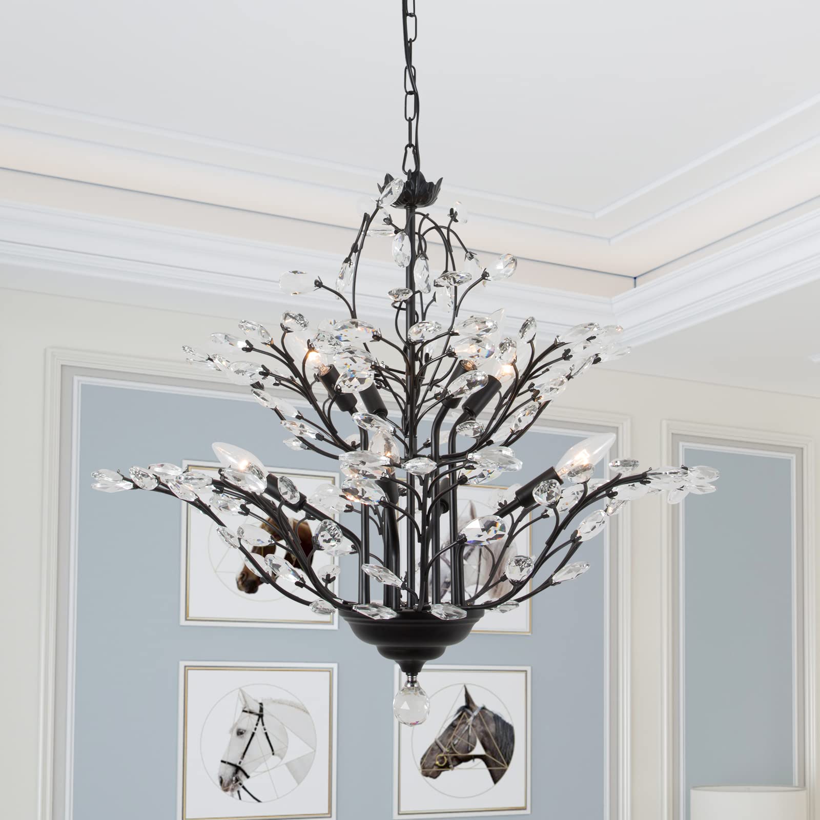 Maxax Vintage Crystal Branch Chandelier, 8-Light, Metal, Black, Model 19171-8BK, Adjustable Pendant Lighting for Dining Room, Living Room, Bedroom
