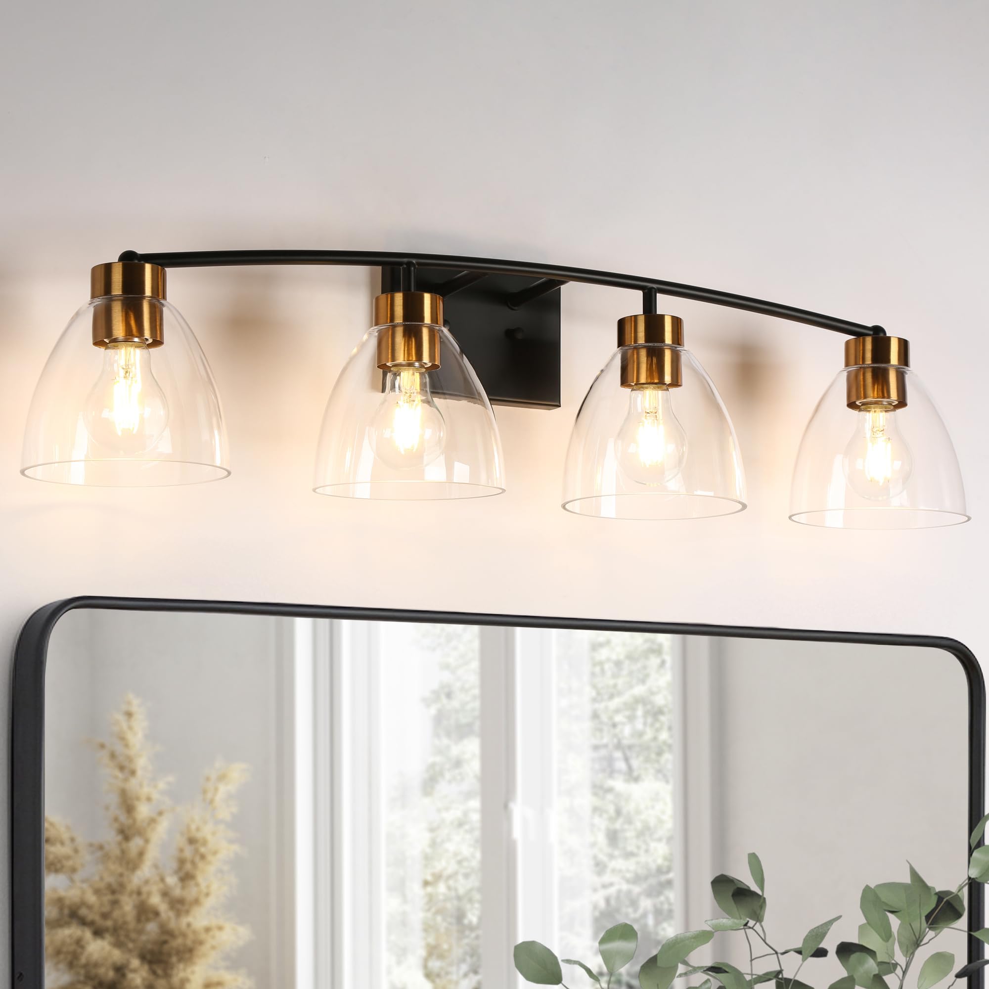 KSANA Bathroom Light Fixtures, 4-Light Black and Plating Brass Vanity Lights for Bathroom, 32.3 Large Modern Bathroom Lighting L
