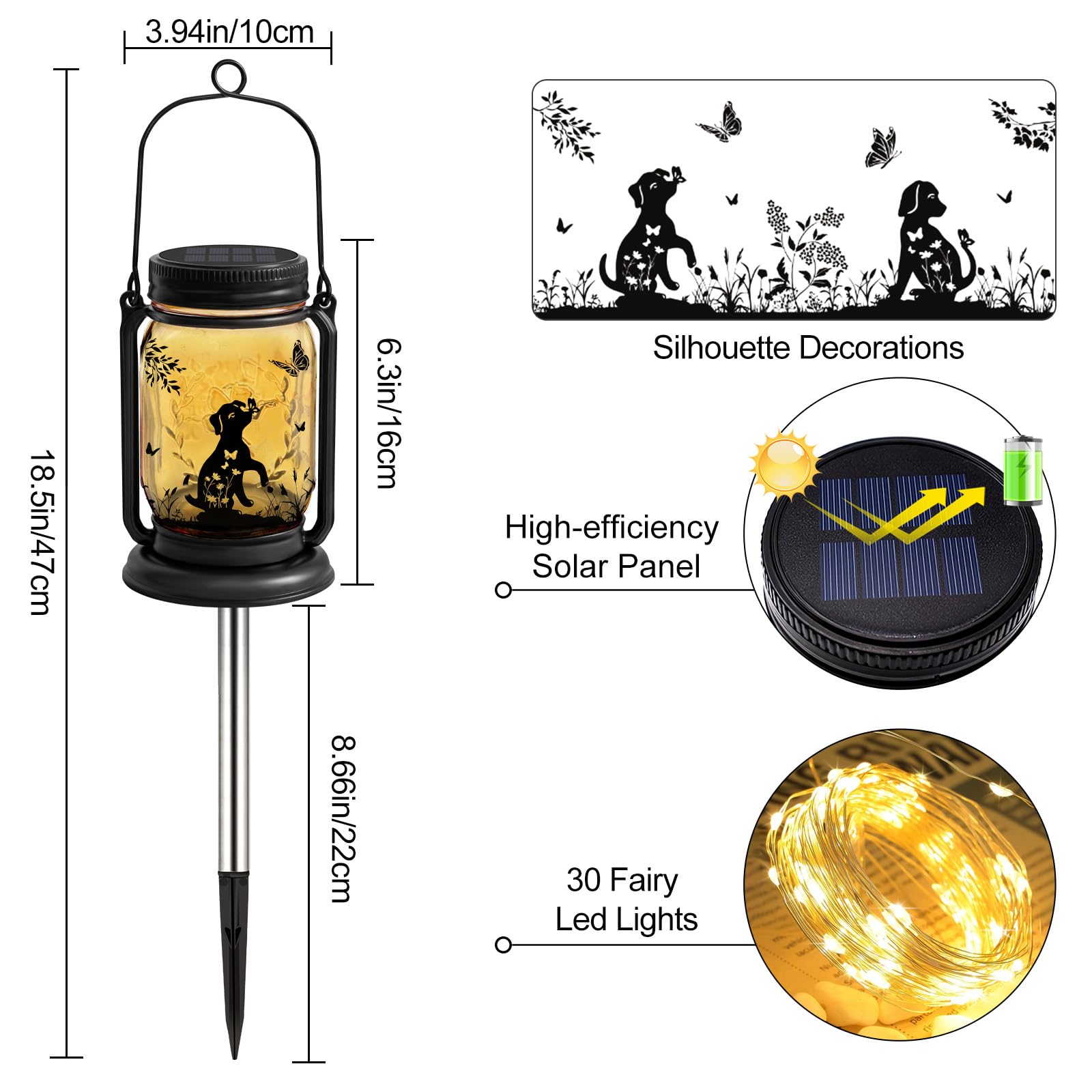 ANGMLN Dog Solar Lantern - 3-in-1 Waterproof Mason Jar Hanging Lights for Garden Decor, Model FG-61, Glass, Dog Color