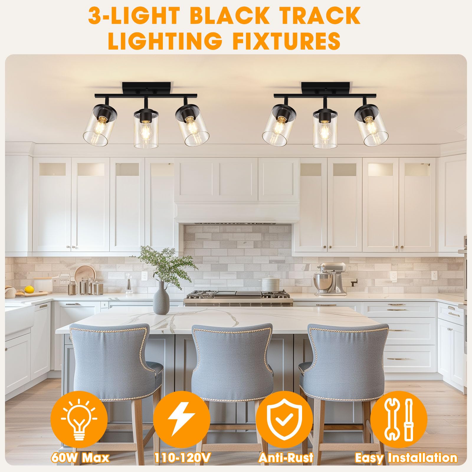 Fadimikoo 3-Lights Semi Flush Mount Ceiling Light  Adjustable Kitchen Light Fixtures Ceiling Mount With Clear Glass Shades  Rotatable Black Track Lighting Fixtures For Hallway  Foyer  Bedroom